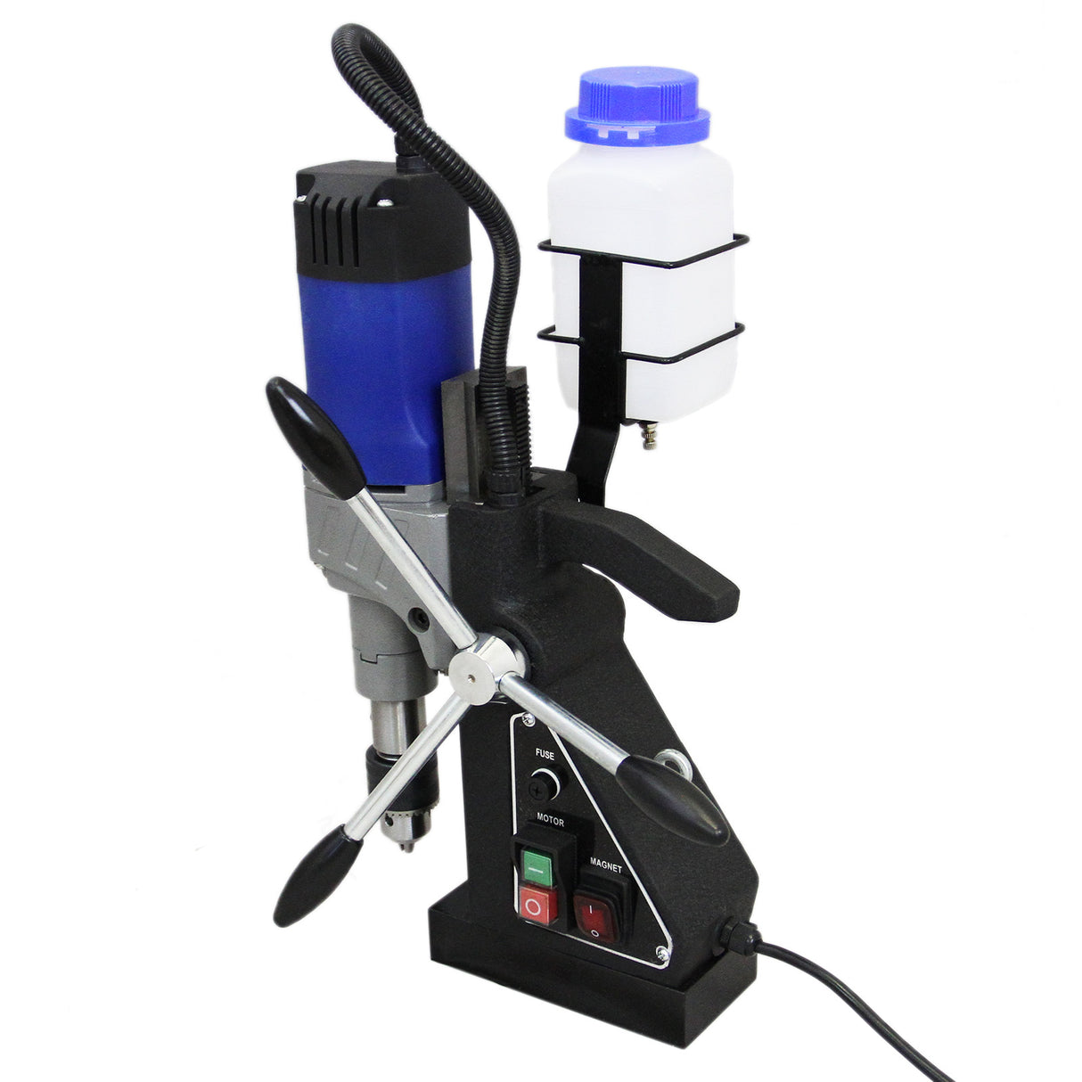 Perceuse carotteuse magnétique avec moteur bleu, réservoir blanc, boutons de contrôle et base noire robuste pour un perçage précis