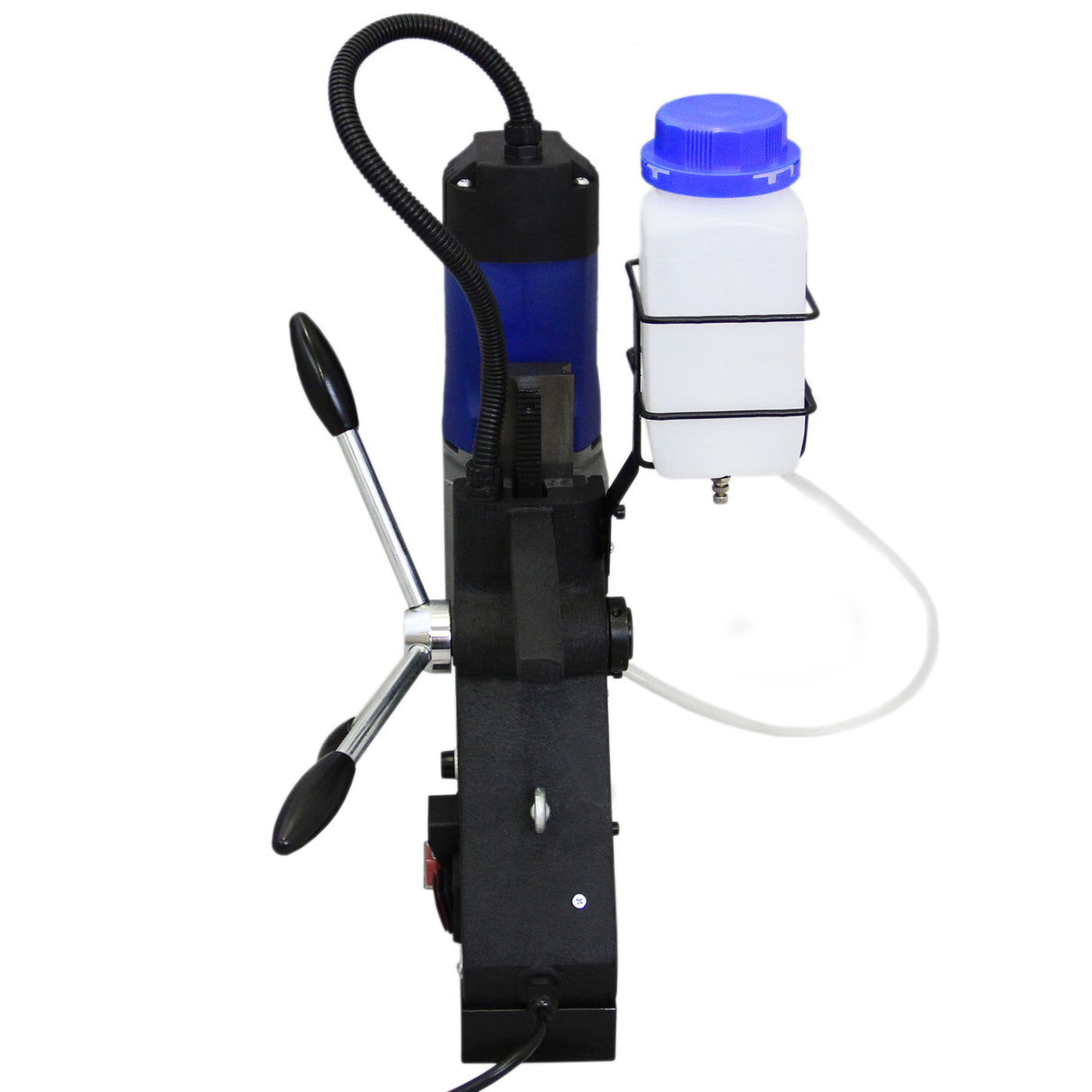Perceuse carotteuse magnétique noire et bleue avec réservoir d'eau, poignées ergonomiques et tuyau flexible pour un perçage précis