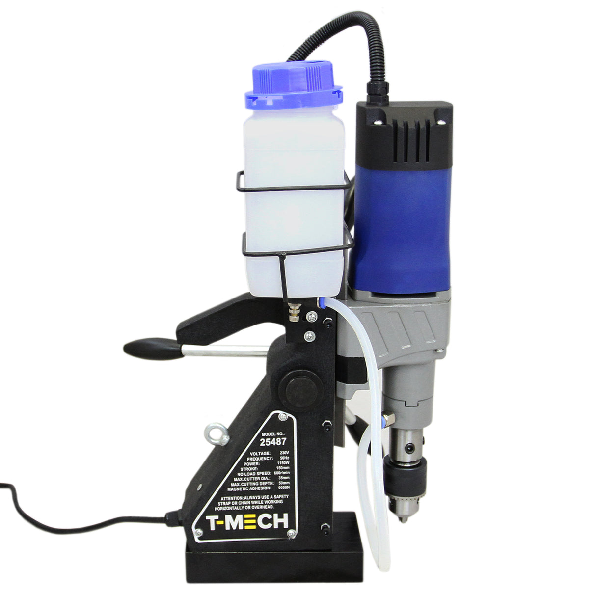 Perceuse carotteuse magnétique T-Mech avec réservoir d'eau, moteur bleu, base noire, conçue pour un perçage précis et efficace