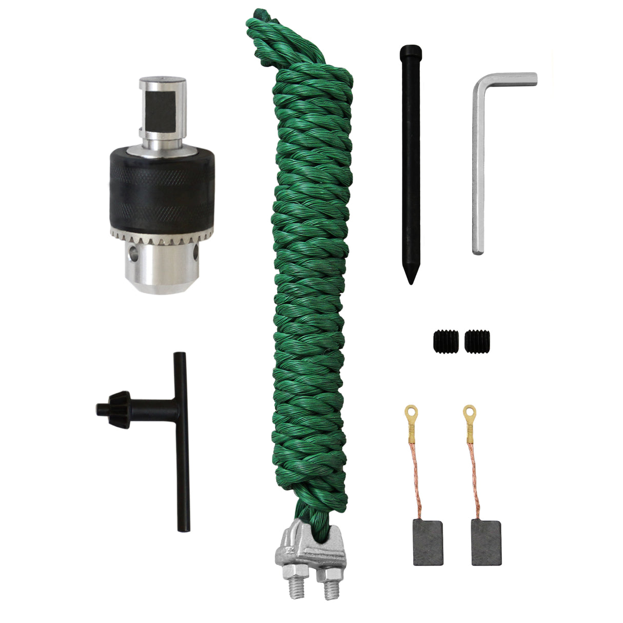 Perceuse carotteuse magnétique avec accessoires, y compris un mandrin, une clé hexagonale, et une corde verte tressée robuste