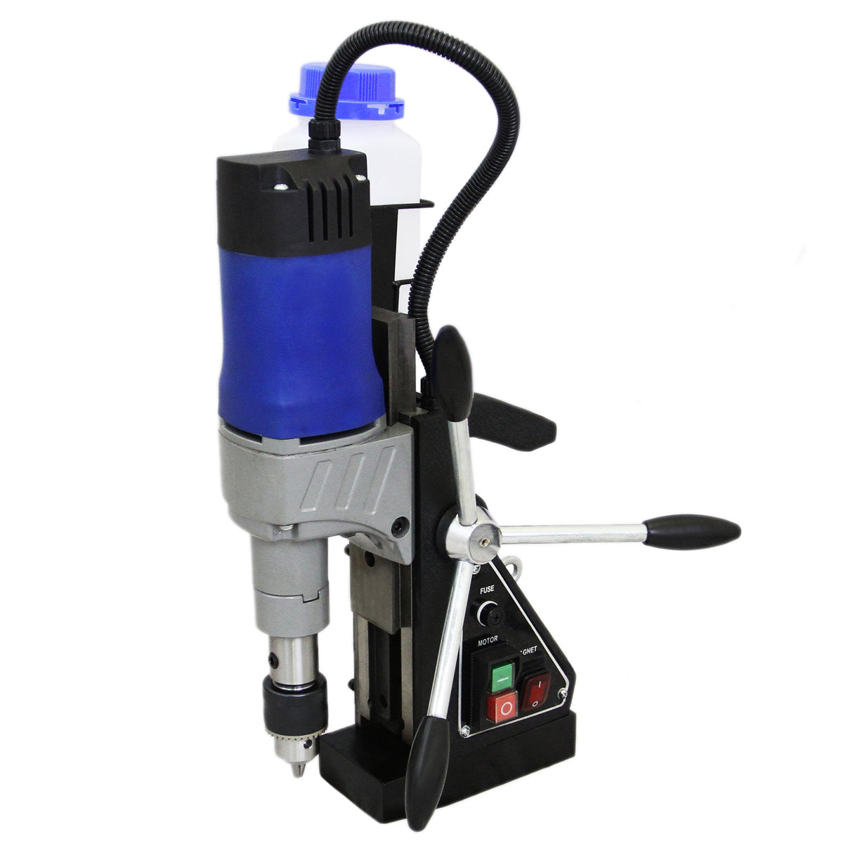 Perceuse carotteuse magnétique T-Mech avec moteur bleu, poignée ergonomique, réservoir d'eau et commandes sur la base noire