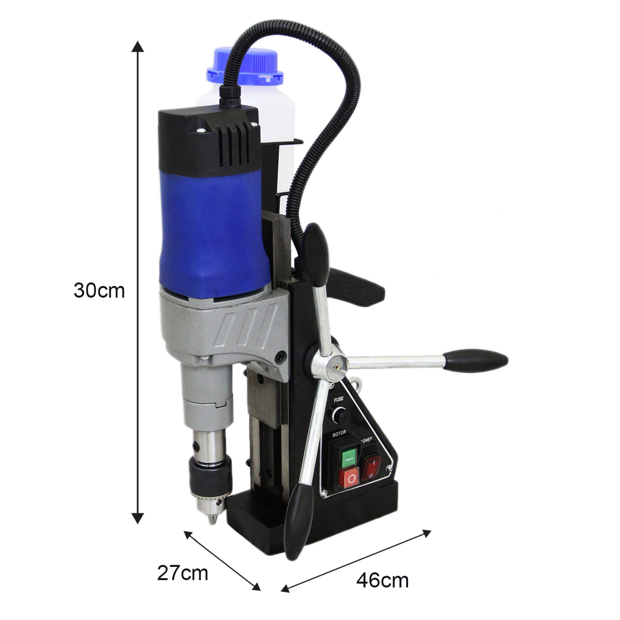 Perceuse carotteuse magnétique compacte avec un moteur bleu, manivelle argentée et réservoir d'eau, idéale pour le perçage précis