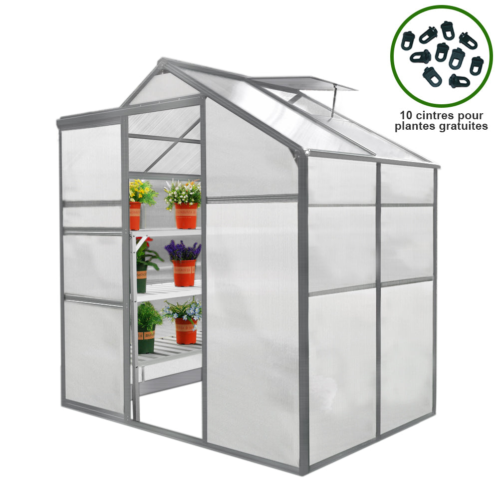 Serre de jardin en plastique transparent de 1,8 m x 1,2 m, avec structure métallique grise et étagères pour pots de fleurs colorés