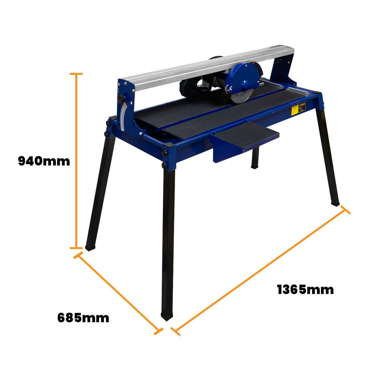 Scie de carrelage sur table bleu, dimensions 1365 mm x 940 mm, avec support robuste et plateau de coupe pour carreaux