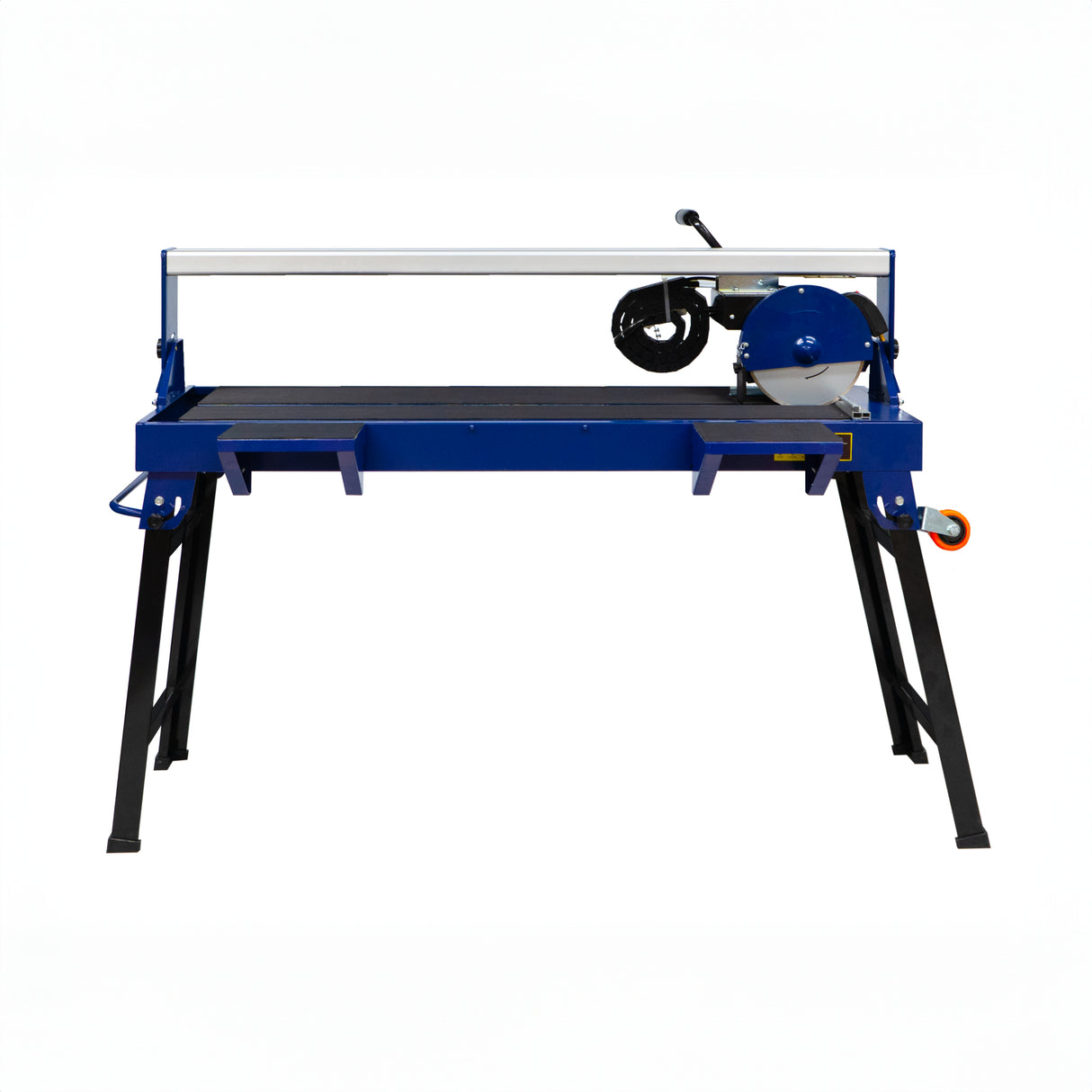 Scie de carrelage sur table de 920 mm, structure en métal bleu, surface de travail noire, équipée d'un moteur de 1200 W