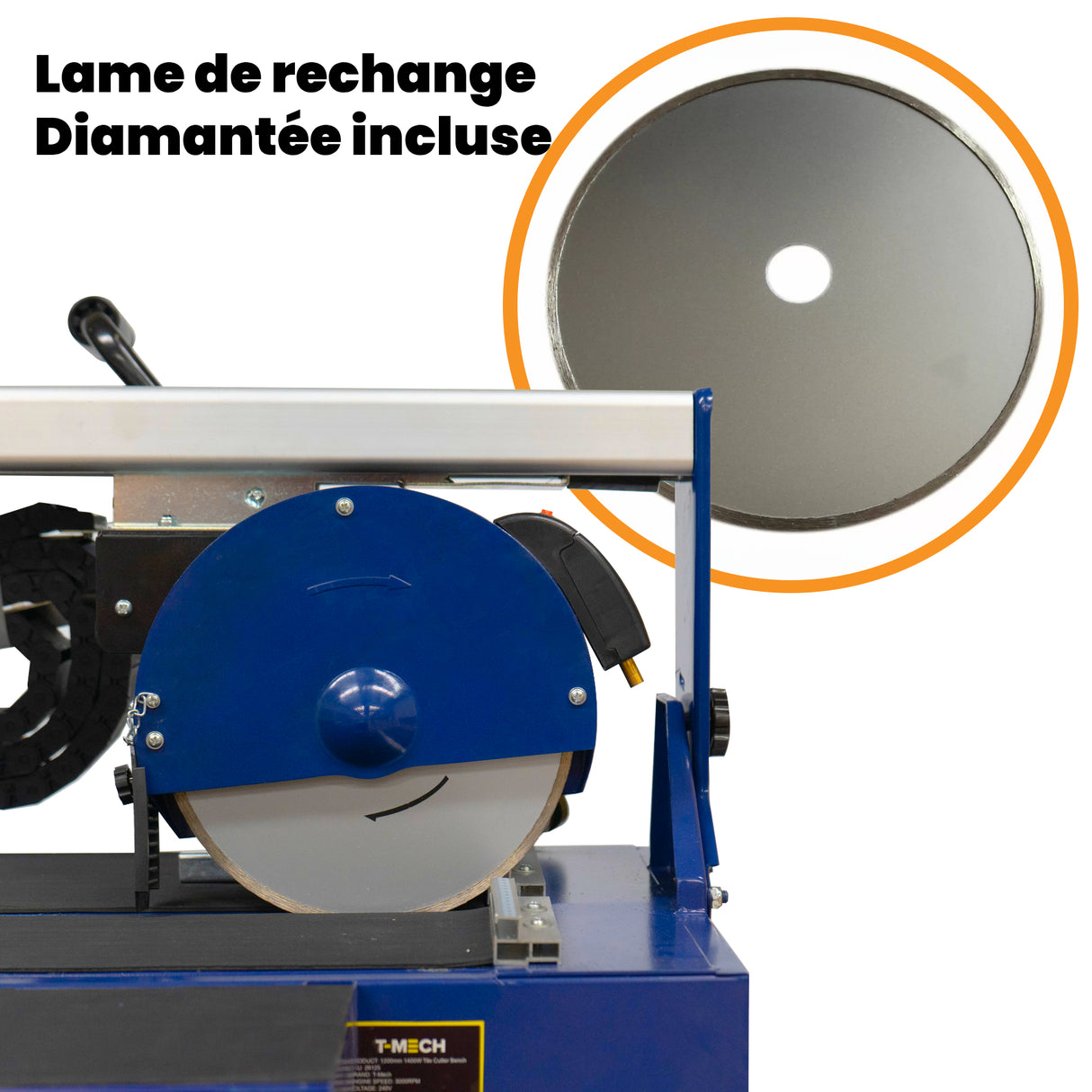 Scie de carrelage sur table avec lame diamantée incluse, couleur bleue, surface métallique lisse et design compact pour une utilisation facile