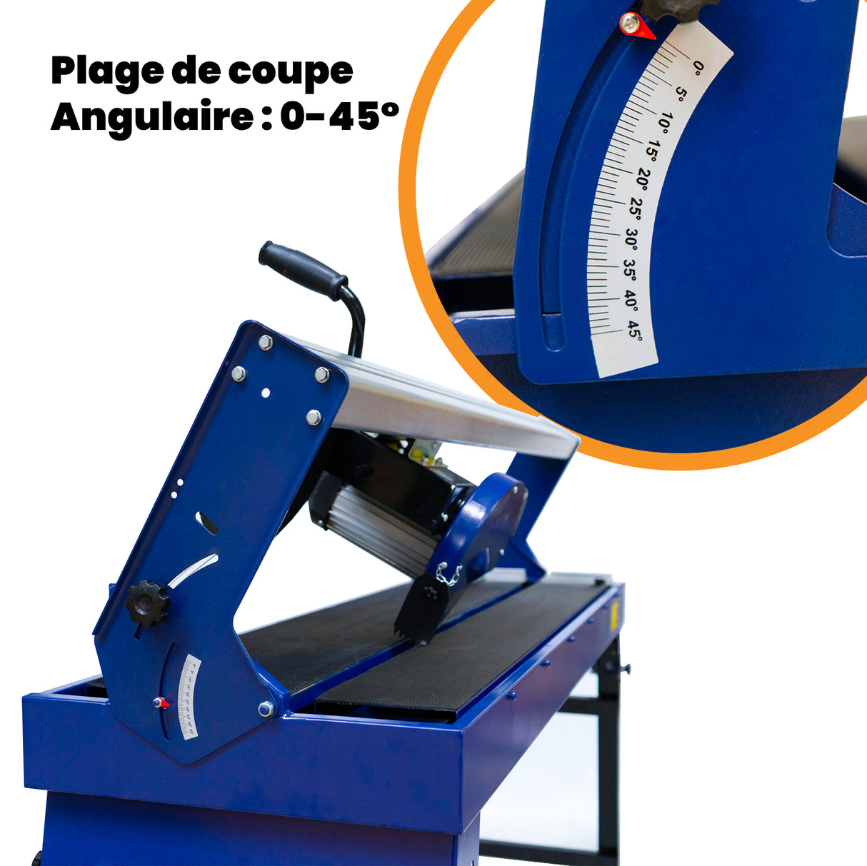 Scie de carrelage sur table bleue avec plage de coupe angulaire de 0 à 45°, équipée d'un moteur puissant de 1200 W