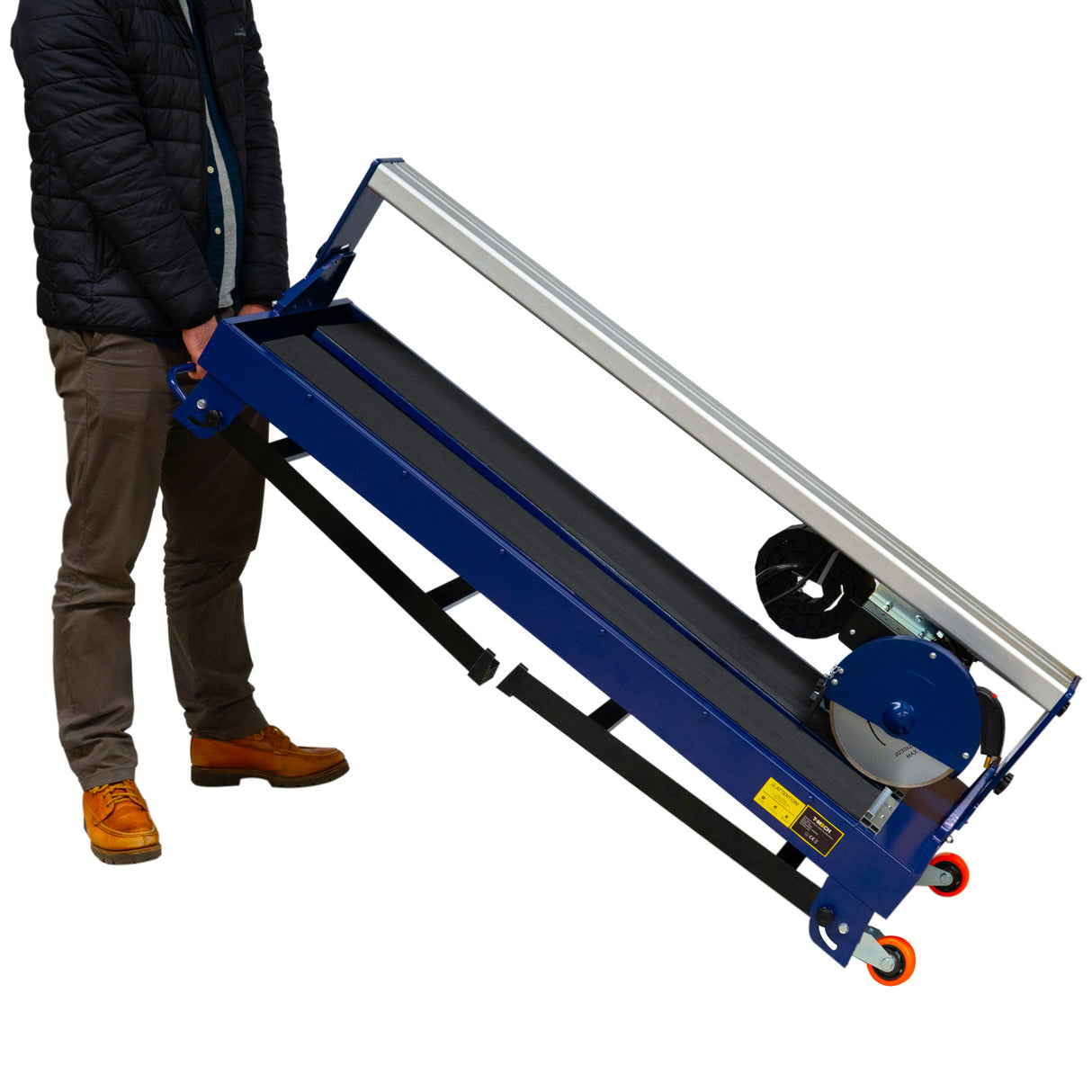 Scie de carrelage sur table, couleur bleue, avec roulettes, conçue pour un transport facile, idéale pour les travaux de carrelage