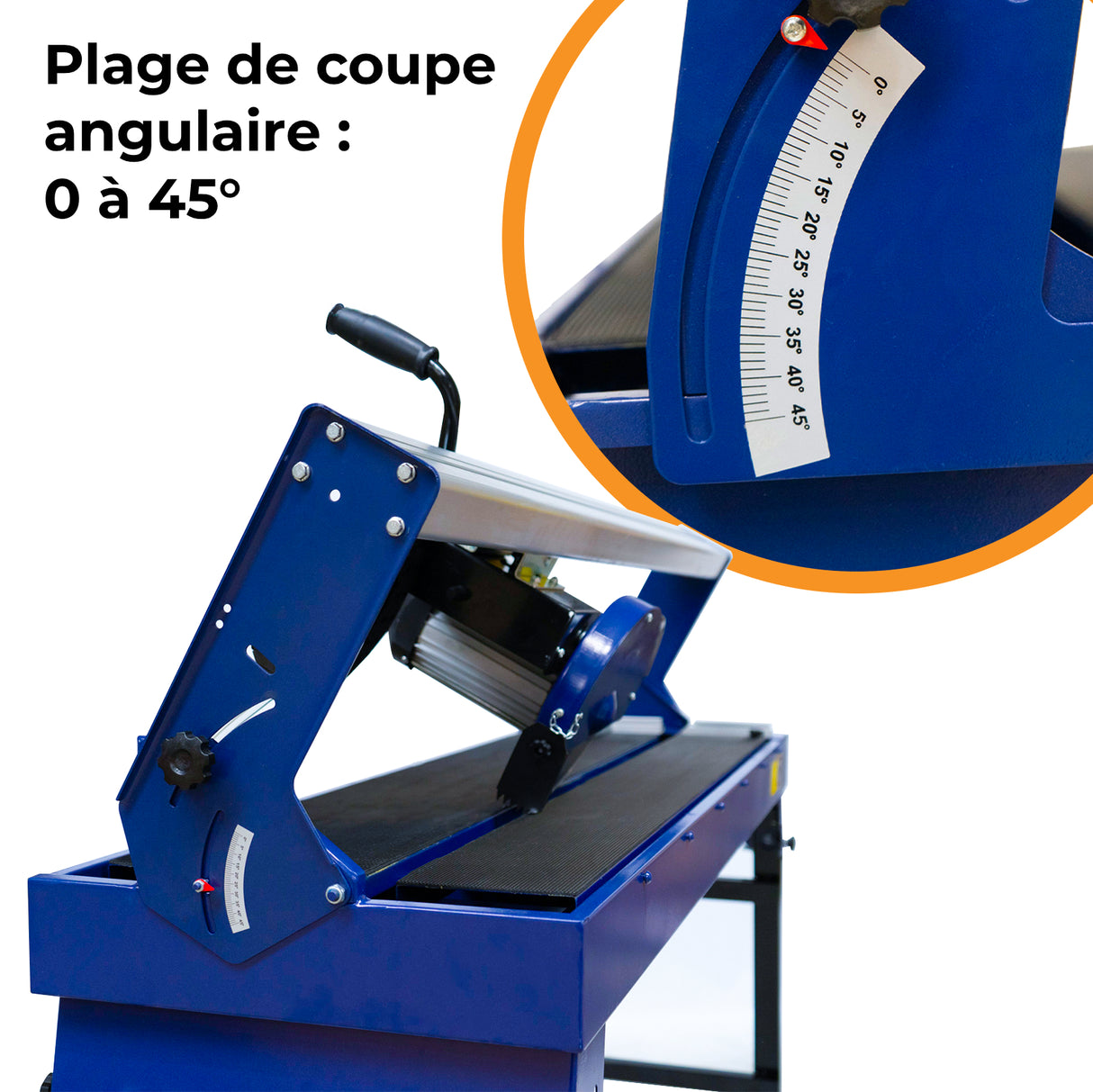Scie de carrelage sur table, couleur bleue, avec un moteur puissant de 1400 W et un angle de coupe réglable de 0 à 45°