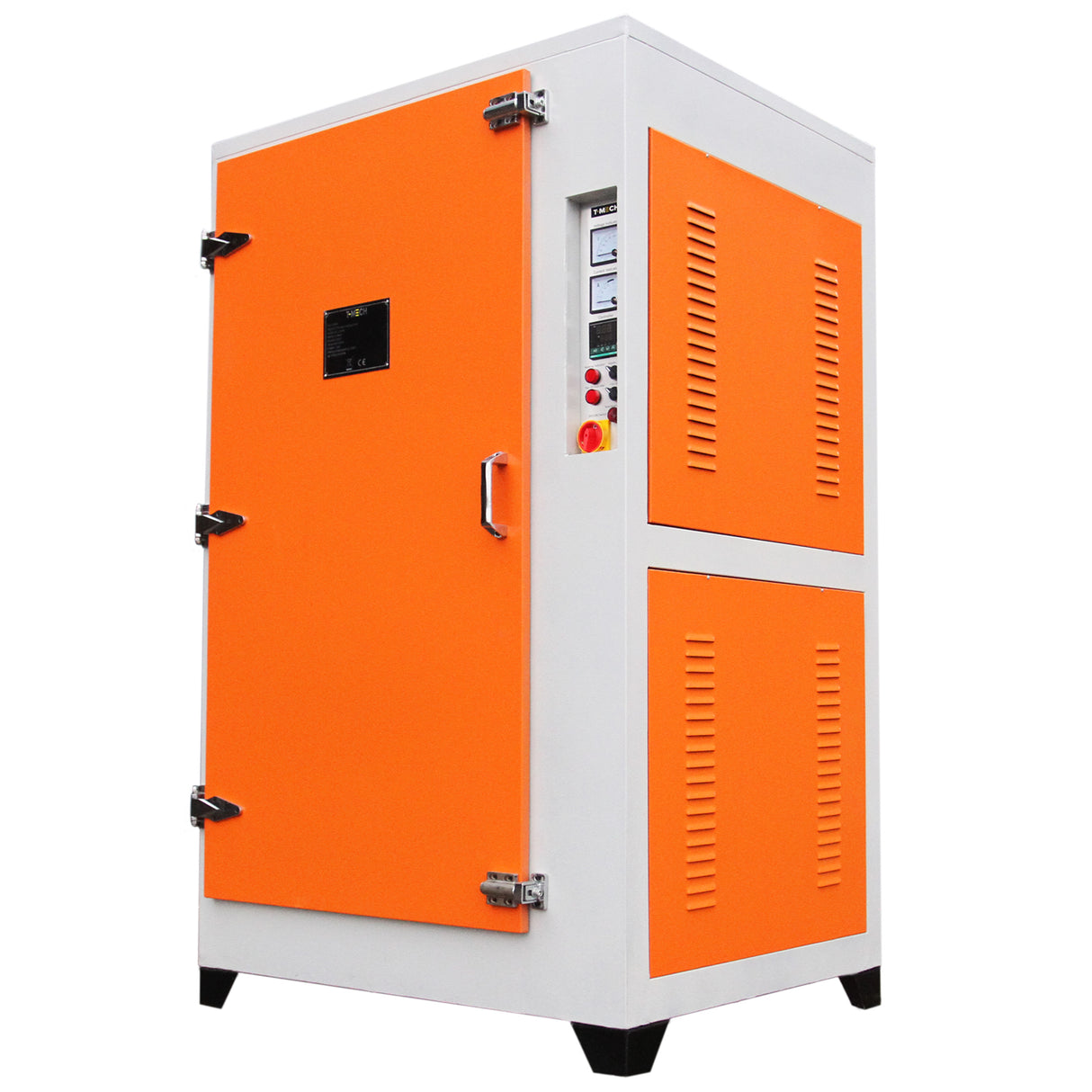 Four de séchage pour revêtement peinture, structure blanche avec portes orange, boutons de contrôle et grilles d'aération sur les côtés