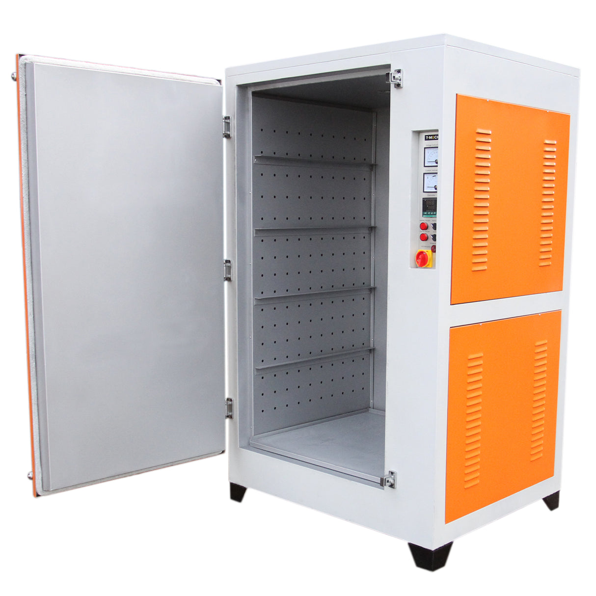 Four de séchage T-Mech avec finition en acier gris et orange, portes ouvertes, étagères perforées pour le séchage uniforme des peintures