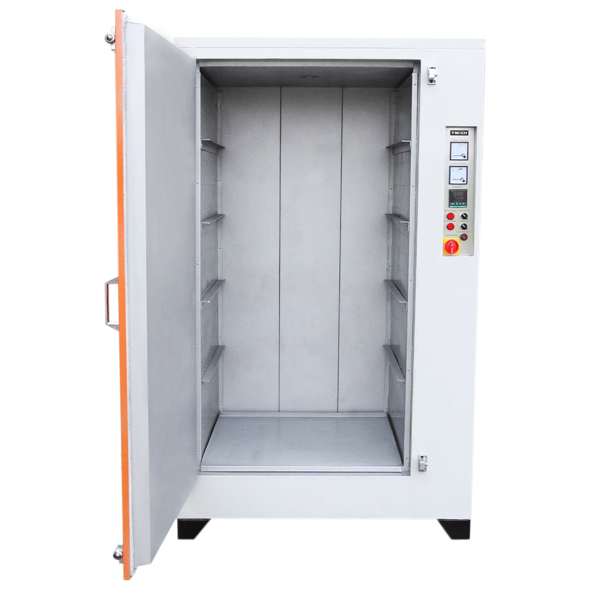 Four de séchage T-Mech pour revêtement peinture, intérieur en acier inoxydable, portes ouvertes, étagères ajustables, finition lisse et moderne