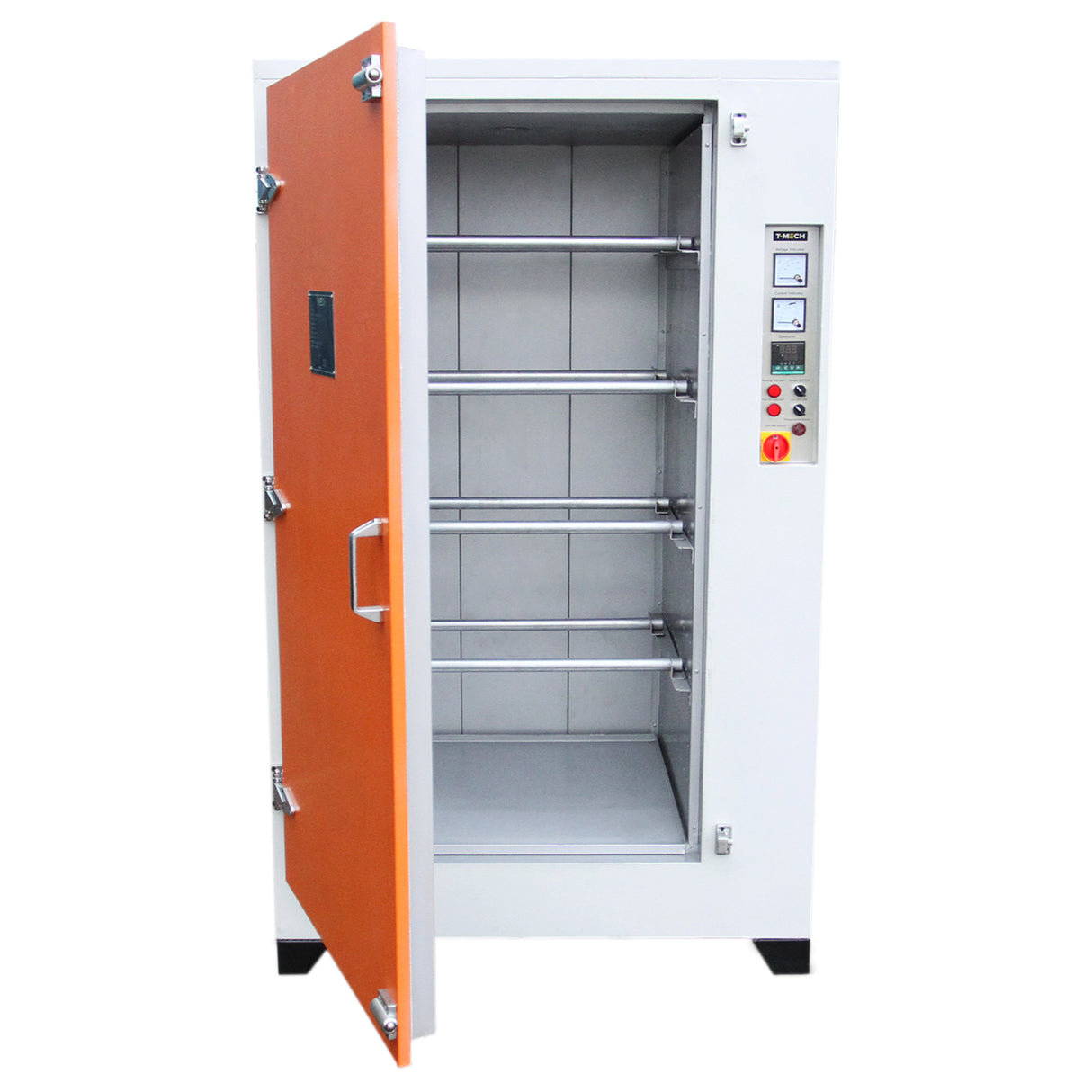 Four de séchage T-Mech avec porte orange, intérieur en métal gris, étagères en acier, idéal pour le séchage de revêtements peinture