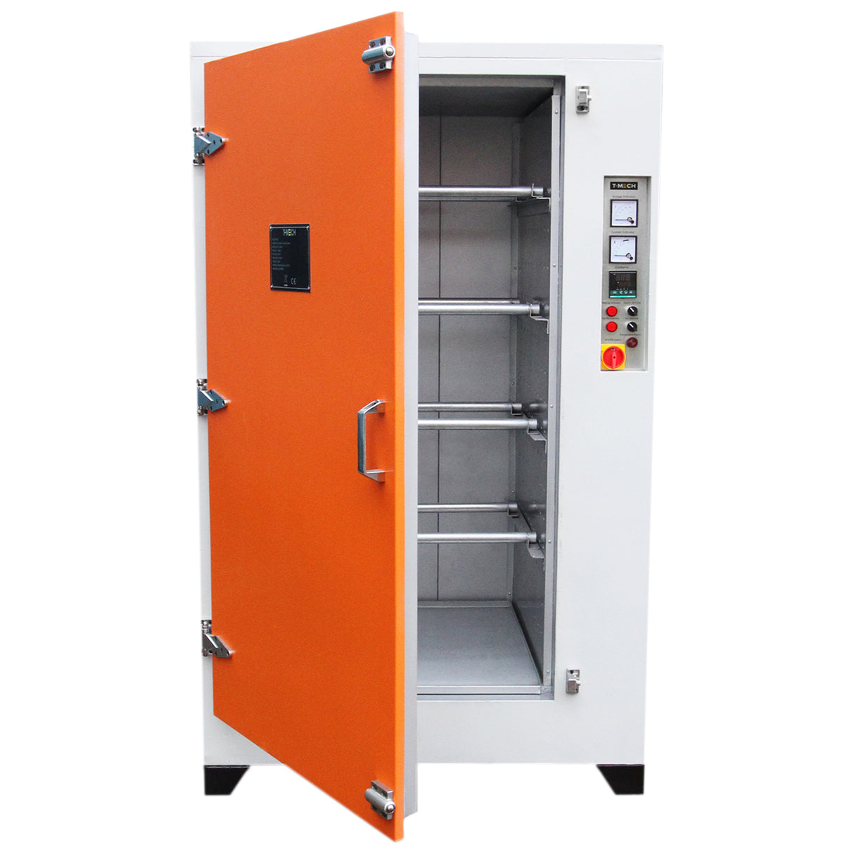 Four de séchage pour revêtement peinture, avec une porte orange, intérieur en métal gris, et plusieurs étagères ajustables pour un séchage efficace