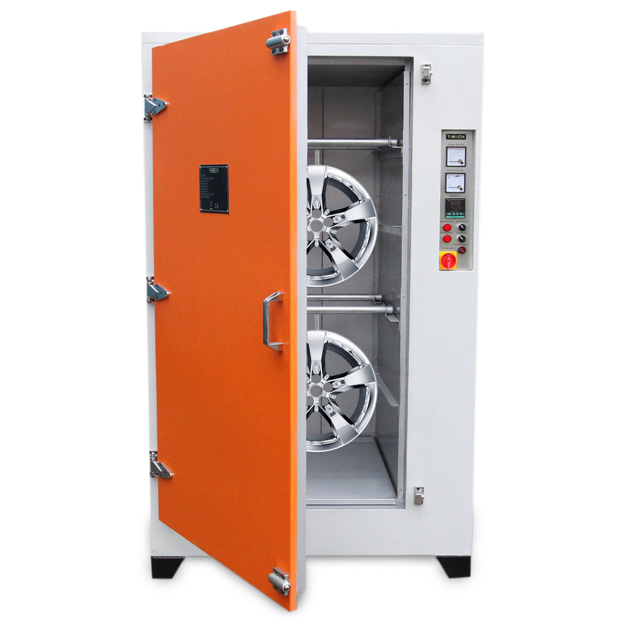 Four de séchage pour revêtement peinture, avec une porte orange, intérieur en métal gris, et deux supports pour roues brillantes