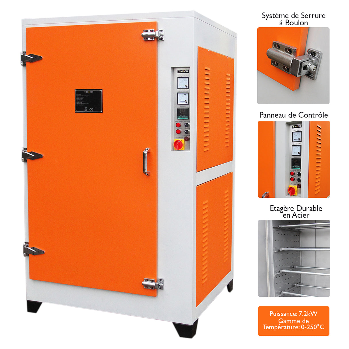 Four de séchage pour revêtement peinture, couleur orange vif et blanc, avec panneau de contrôle et étagère en acier durable, design robuste