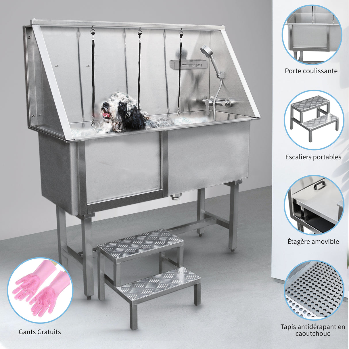 Baignoire de toilettage en inox, 475 mm, avec porte coulissante, échelle portable, et tapis antidérapant en caoutchouc