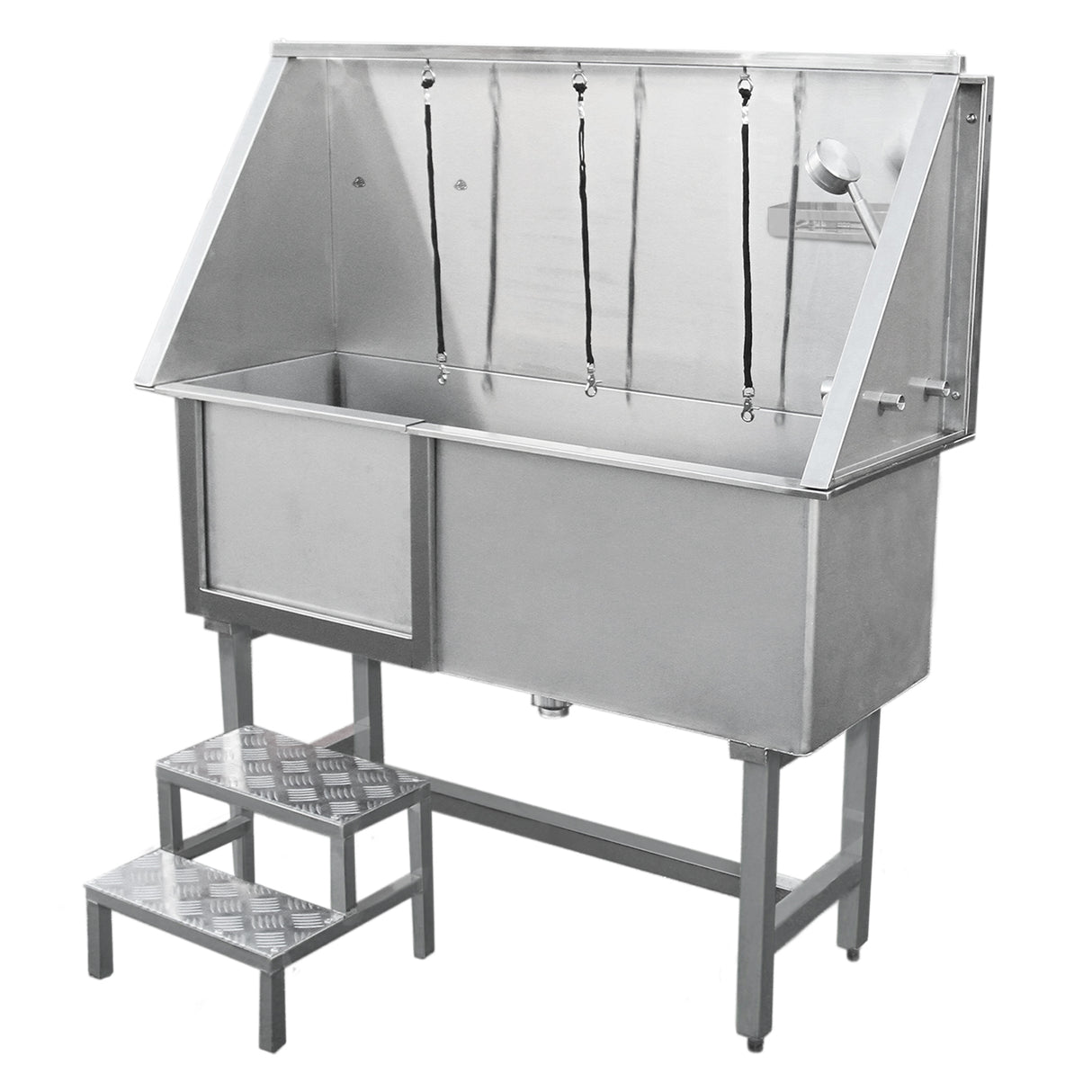 Baignoire de toilettage en inox, finition brillante, avec un design pratique, un évier et des marches antidérapantes pour animaux
