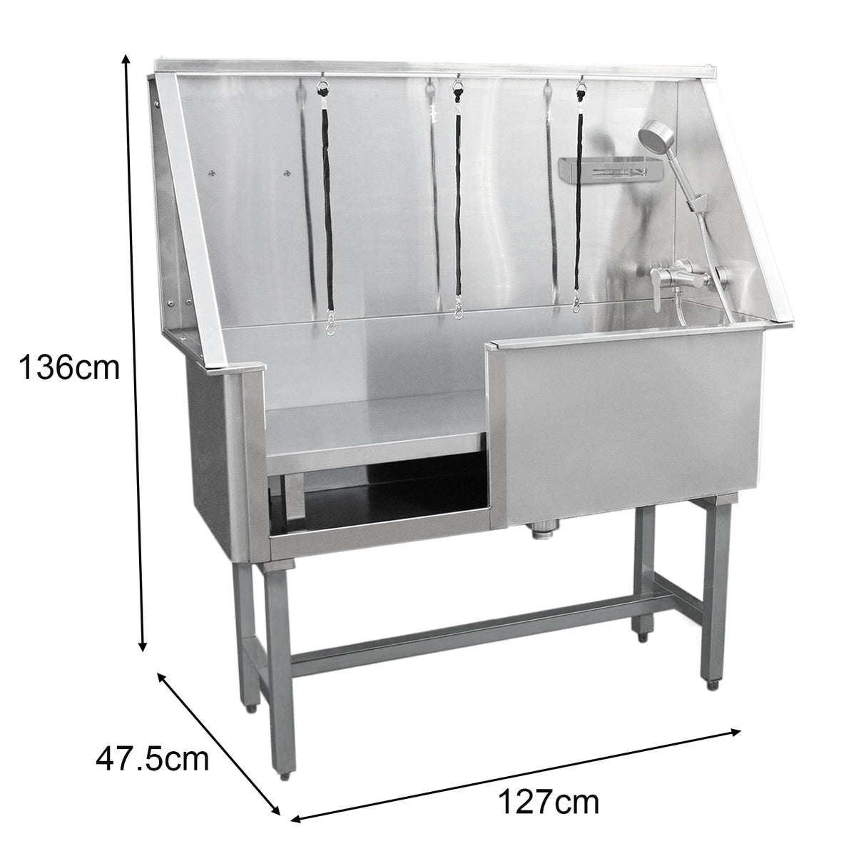 Baignoire de toilettage en inox, finition brillante, dimensions 475 mm, avec parois hautes et robinet intégré pour un toilettage pratique