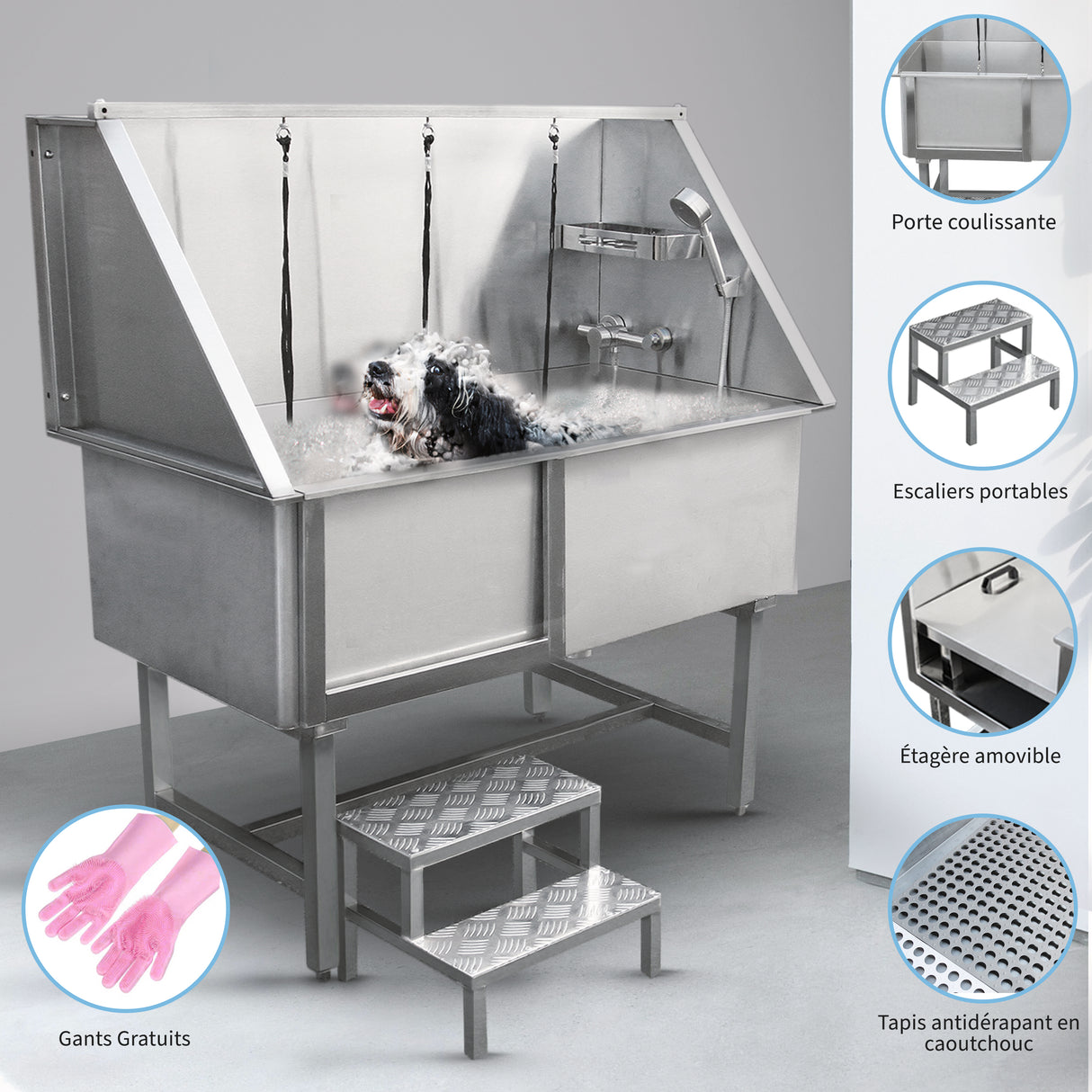 Baignoire de toilettage en inox, avec porte coulissante, échelle, et accessoires, idéale pour le toilettage des animaux