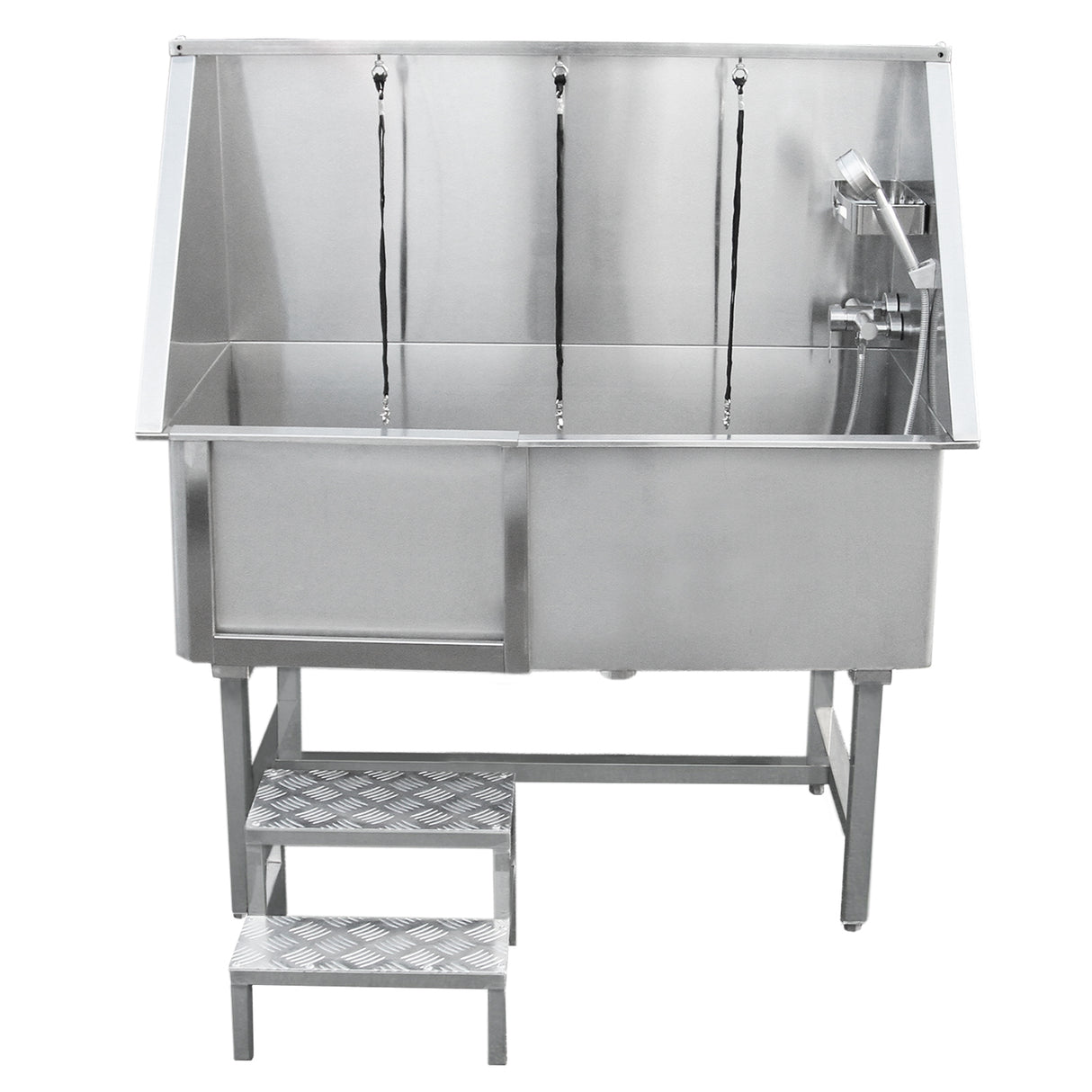 Baignoire de toilettage en inox, 670 mm, avec trois supports de lavage, surface lisse et finition brillante, équipée d'un robinet et d'escaliers en métal antidérapant