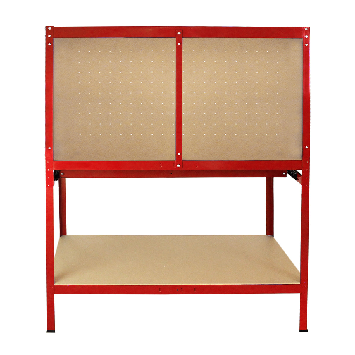 Établi de travail en acier rouge avec tiroir, panneau perforé beige pour accrocher outils, surface de travail lisse et robuste