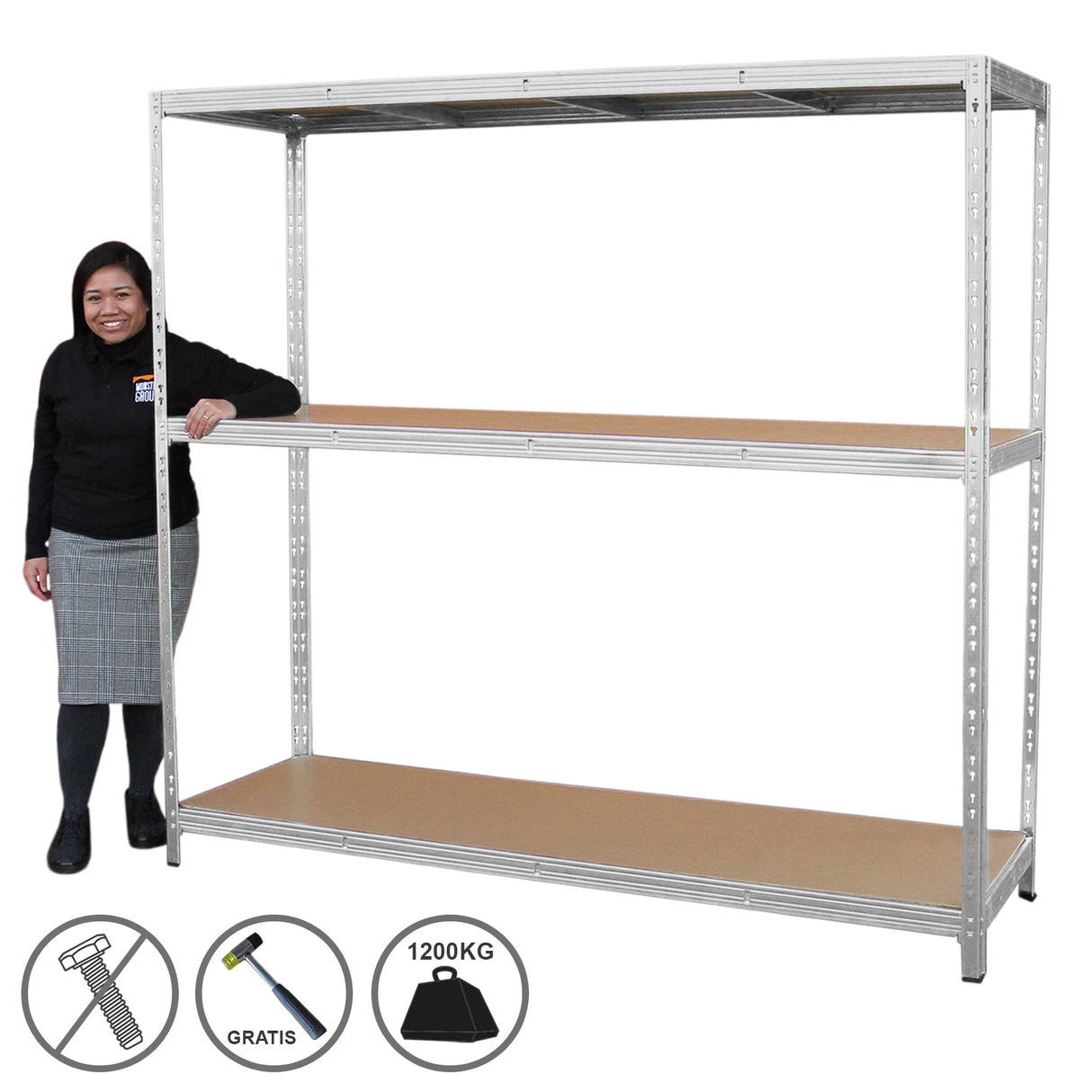 Rayonnage en acier galvanisé de 60cm x 200cm x 186cm avec trois étagères en bois, supportant jusqu'à 1200kg, idéal pour le stockage