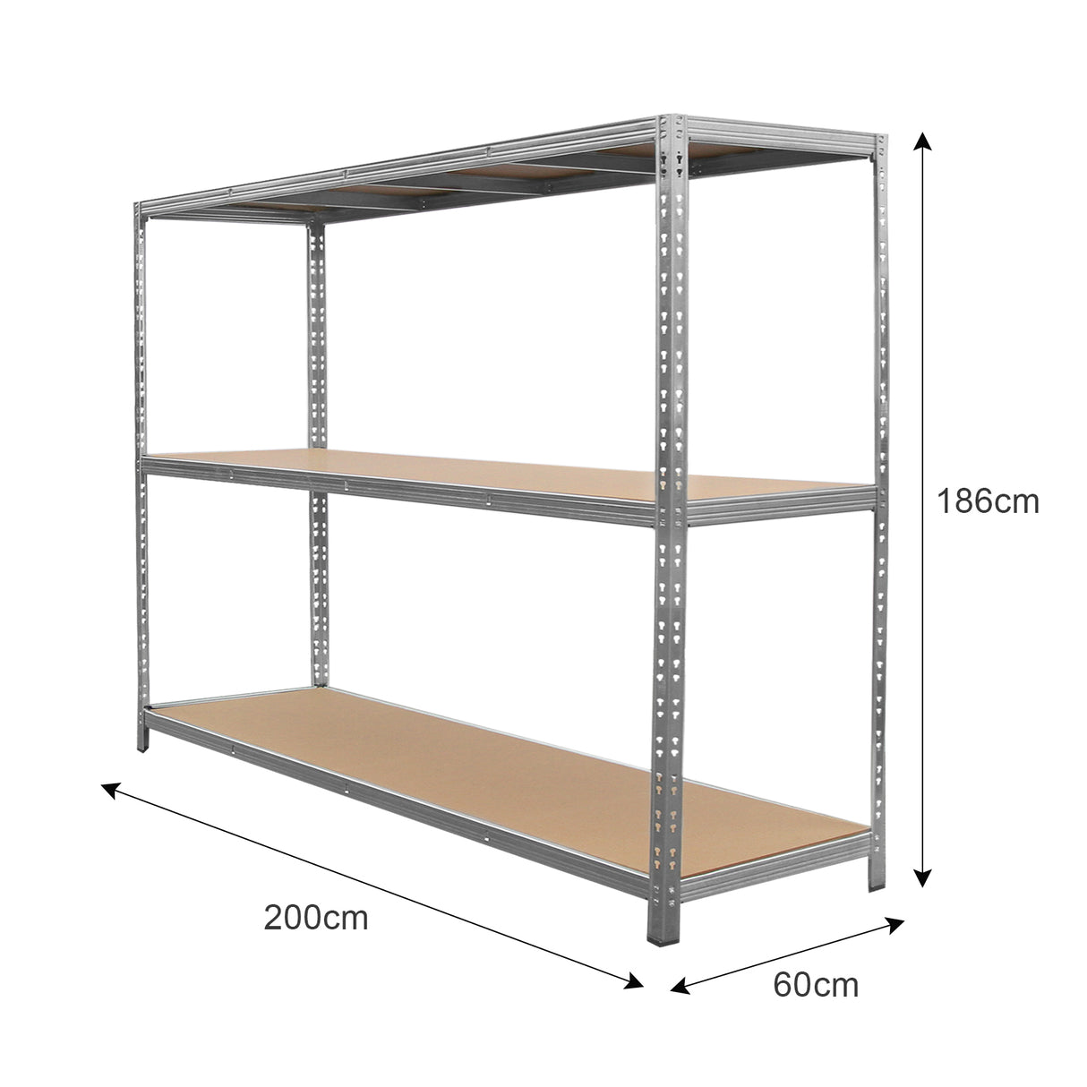 Rayonnage en acier galvanisé de 60cm x 200cm x 186cm, avec trois étagères en bois, robuste et idéal pour le rangement