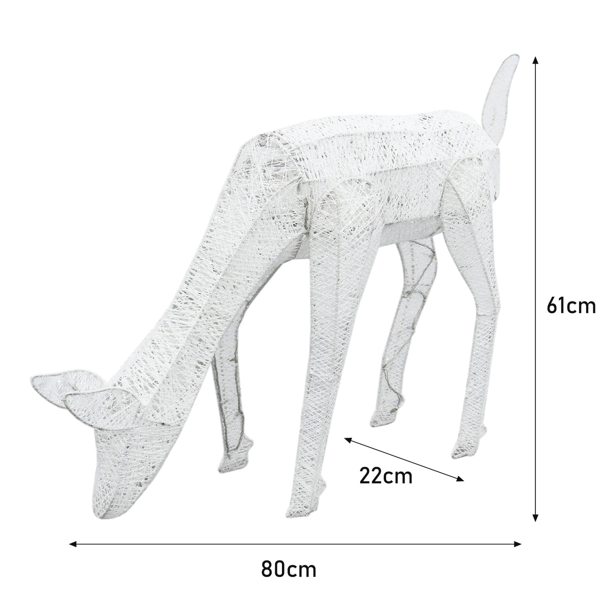 Cerf en LED blanc froid, design moderne, texture filaire, dimensions 80 cm de long, 61 cm de haut, 22 cm de large, idéal pour décoration intérieure
