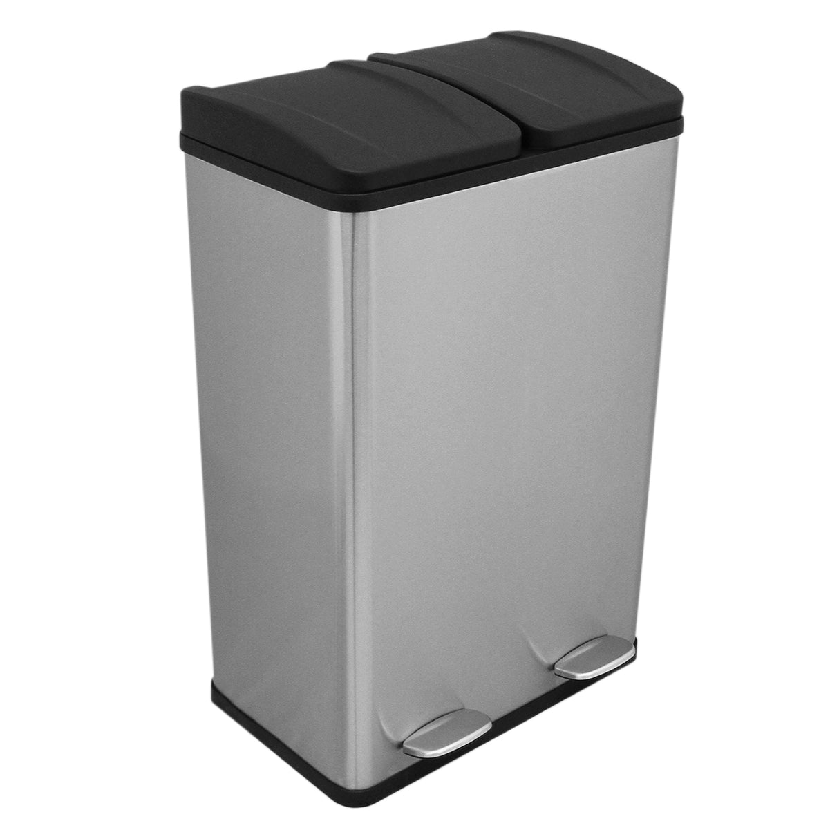Poubelle de recyclage à double bac en acier inoxydable, finition brillante, couvercles noirs, capacité de 60 L, design moderne et pratique