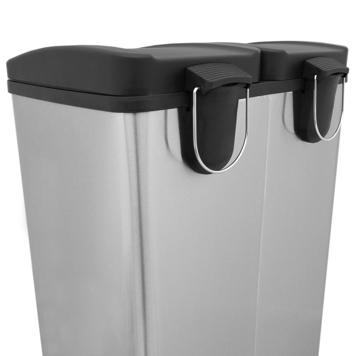 Poubelle de recyclage en acier inoxydable, double bac de 60 L, couvercles noirs, poignées en métal, finition lisse et moderne