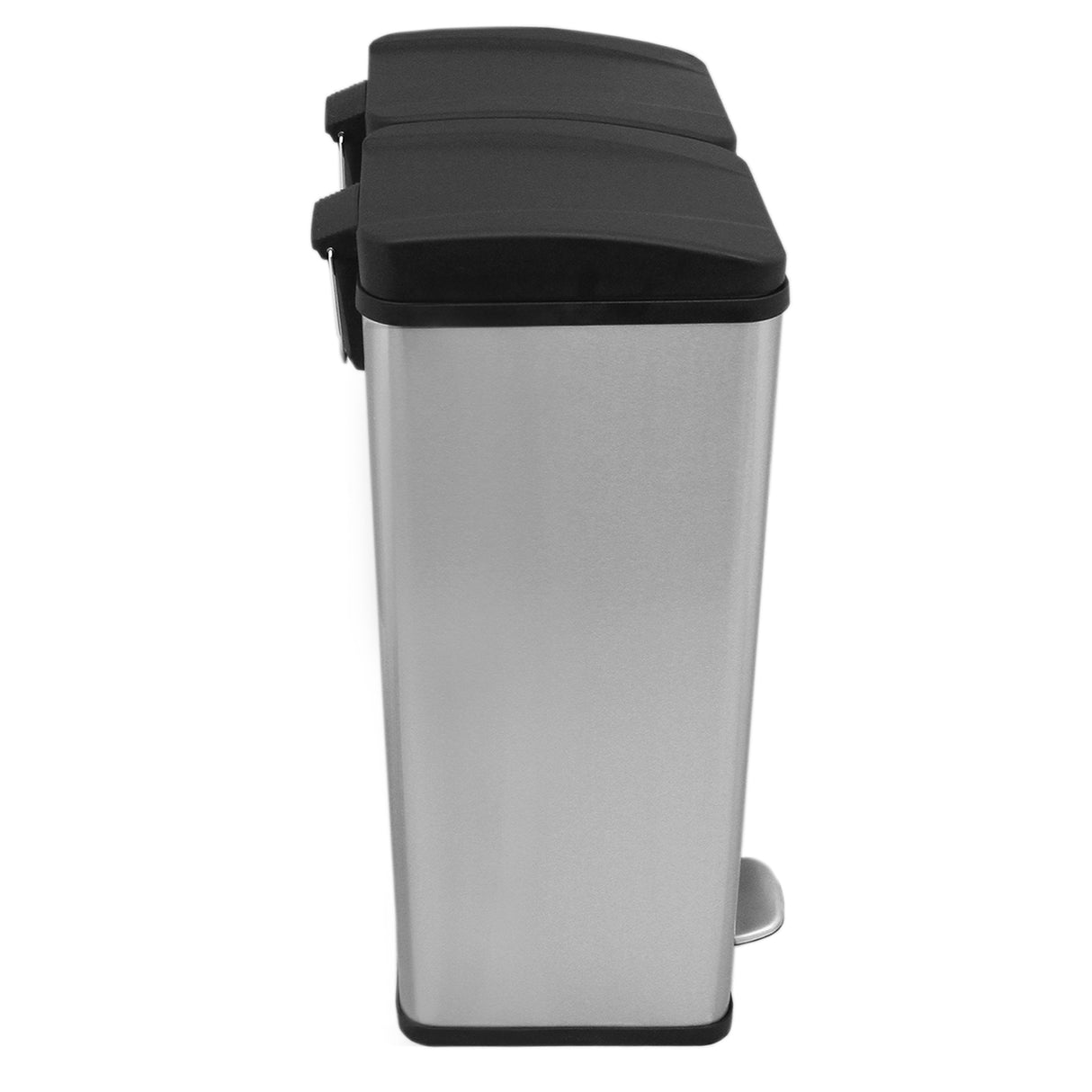 Poubelle de recyclage à double bac en acier inoxydable, finition lisse, couvercles noirs, design moderne et élégant, capacité de 60 L