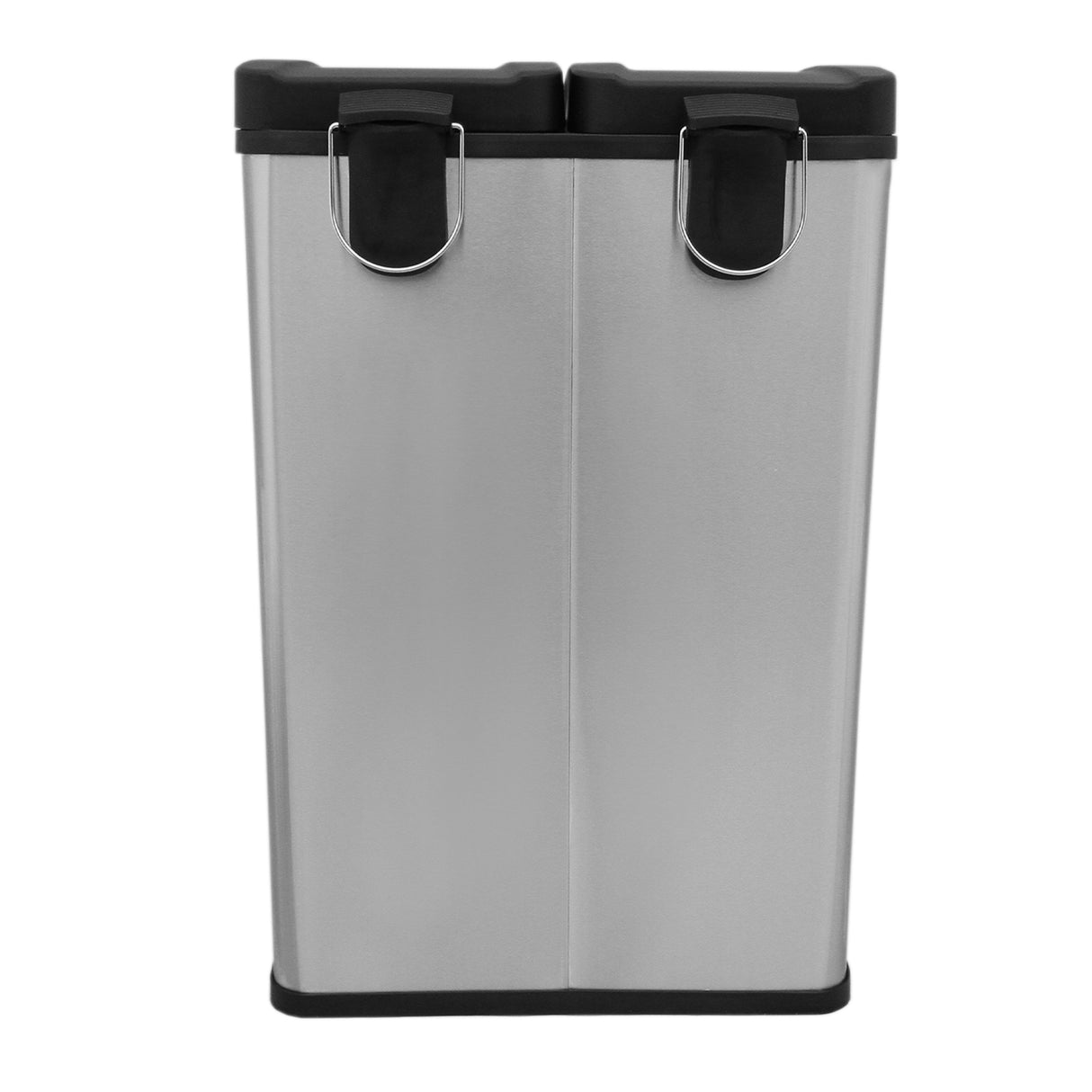 Poubelle de recyclage à double bac en acier inoxydable, finition brillante, avec couvercles noirs et poignées en métal, capacité de 60 L