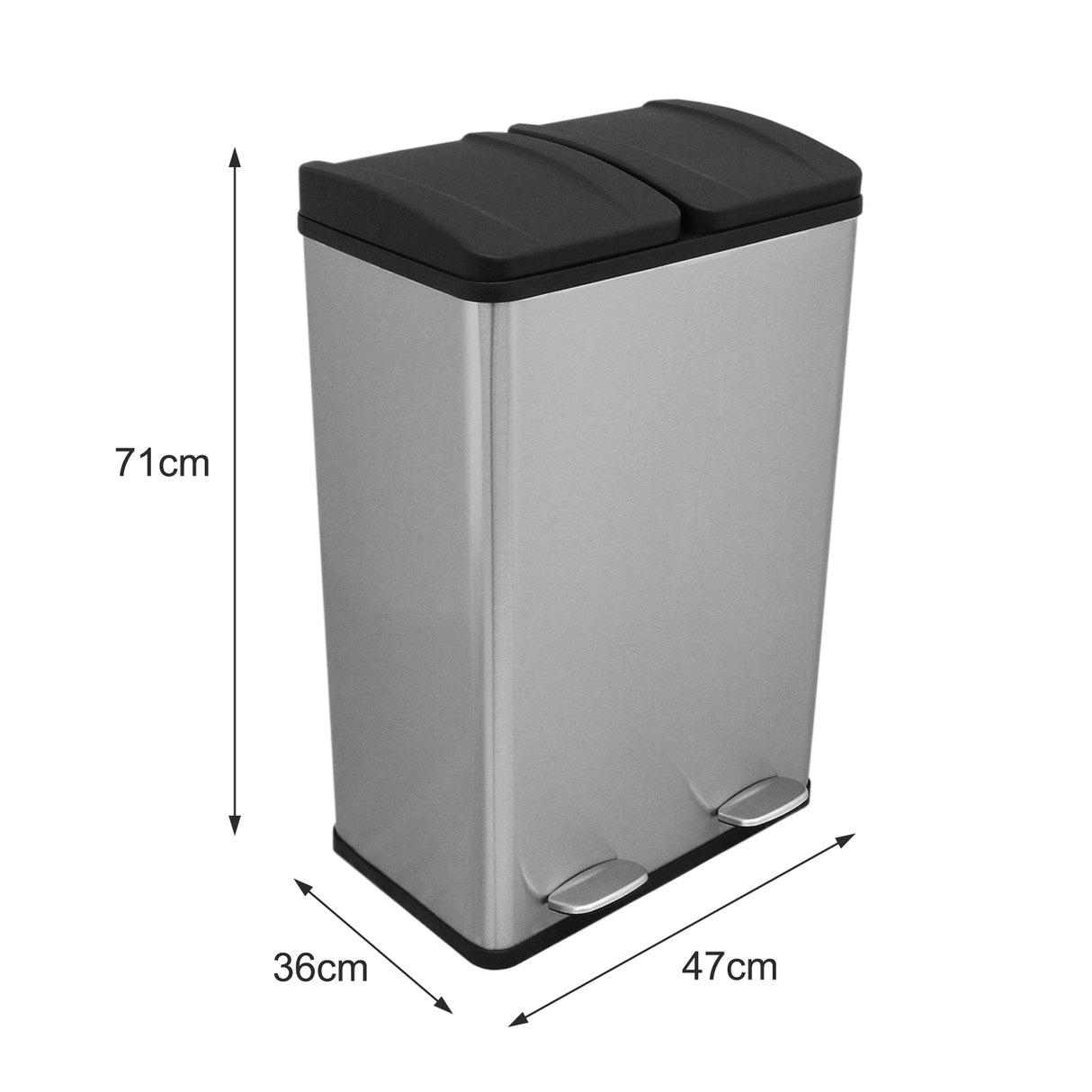 Poubelle de recyclage à double bac en acier inoxydable, finition brillante, couvercles noirs, dimensions 71x47x36 cm, design moderne et pratique