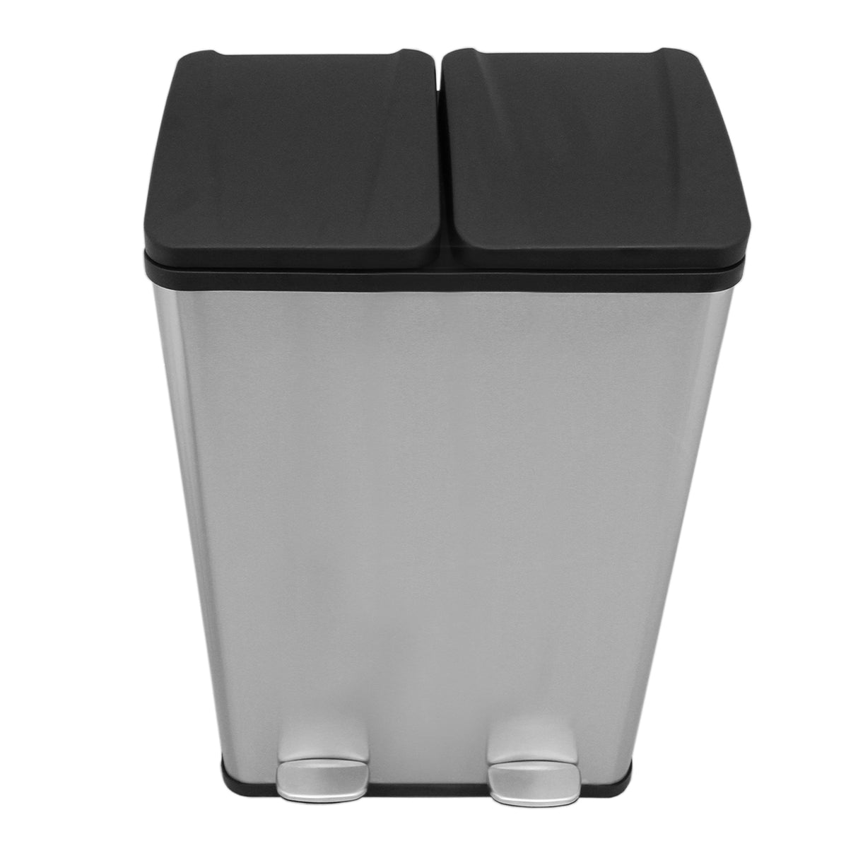 Poubelle de recyclage à double bac en acier inoxydable, finition brillante, couvercles noirs, pédales pour ouverture facile