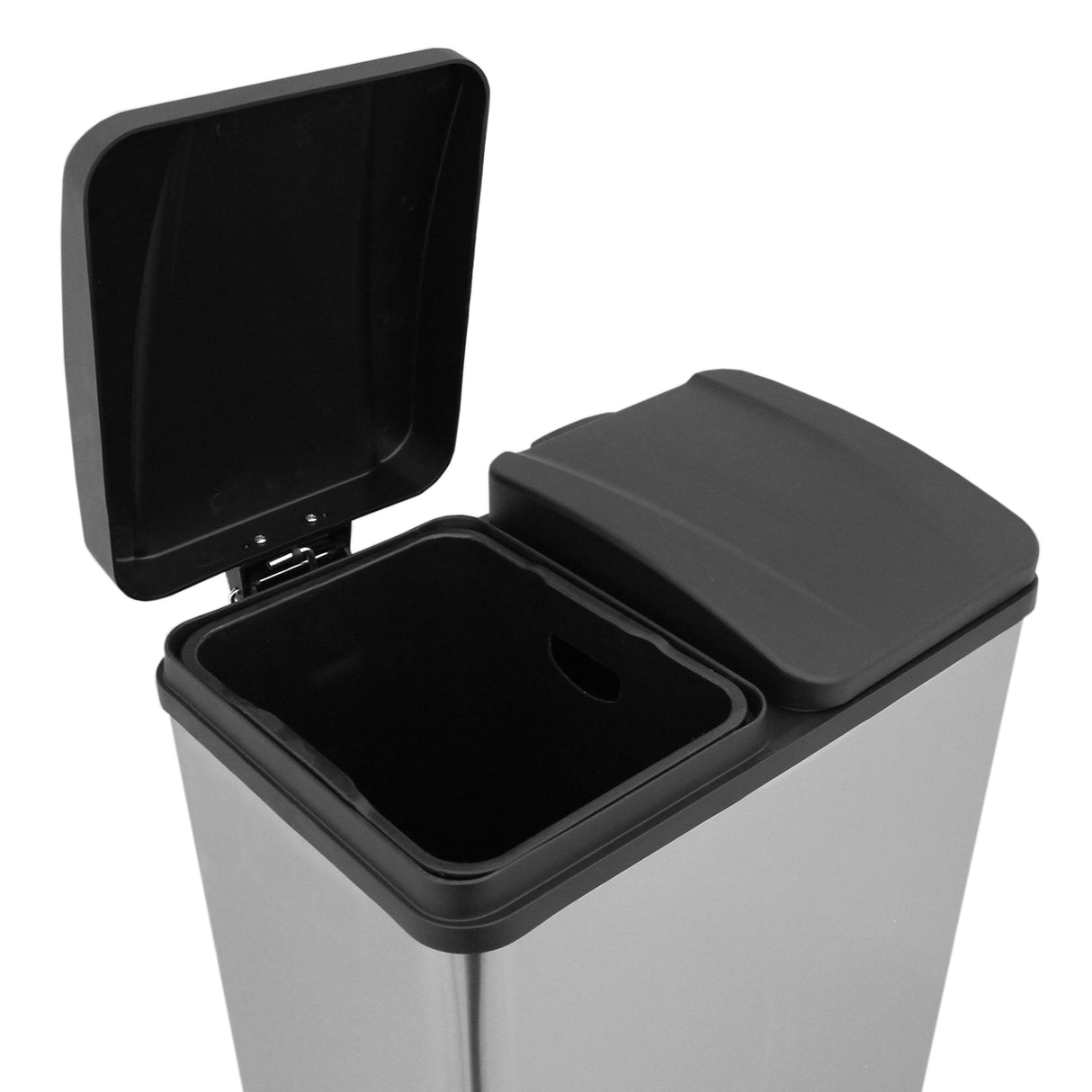 Poubelle de recyclage à double bac de 60 L en acier inoxydable, avec couvercle noir et finition lisse, idéale pour le tri des déchets