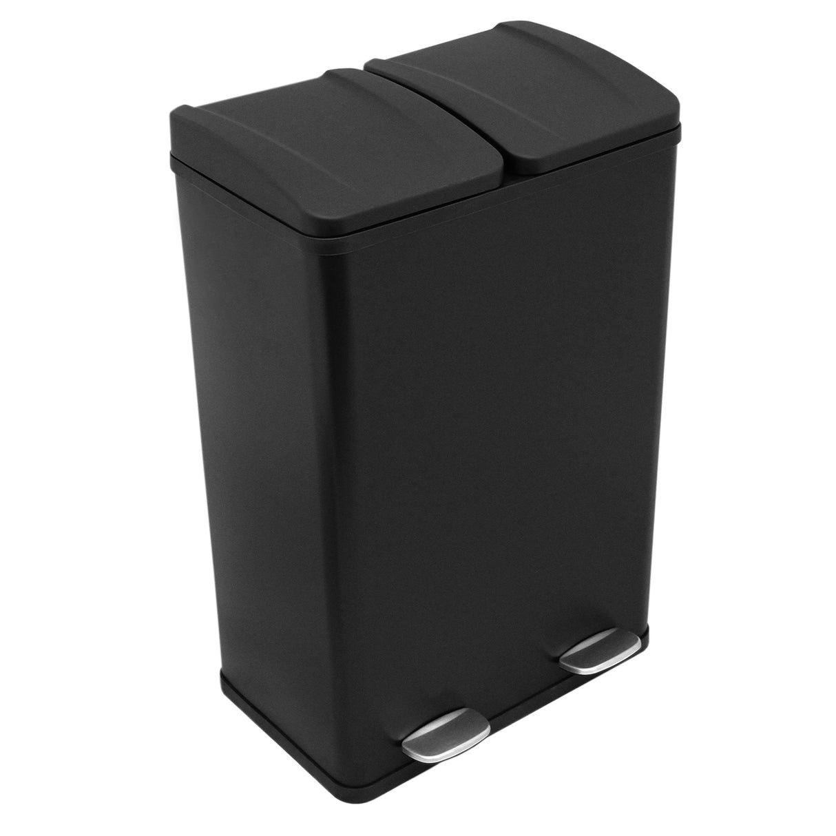 Poubelle de recyclage noire à double bac de 60 L avec couvercles basculants et pédales en acier inoxydable pour une utilisation pratique