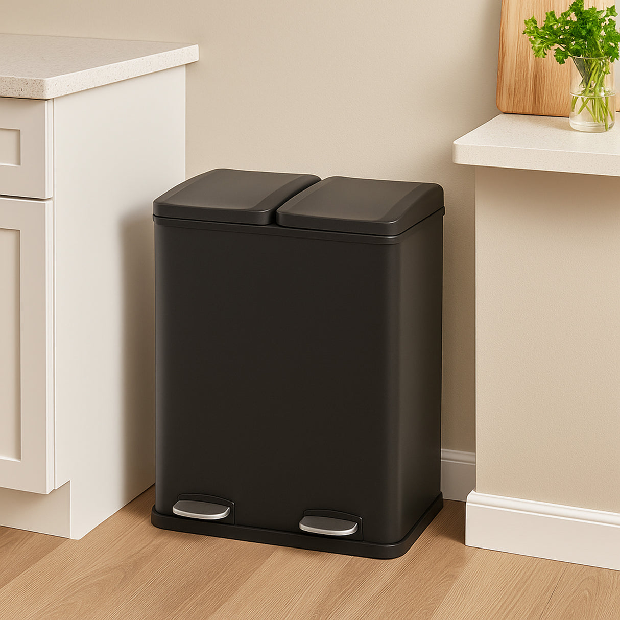 Poubelle de recyclage à double bac de 60 L, noire, avec couvercles à pédale, finition mate et design moderne, idéale pour la cuisine