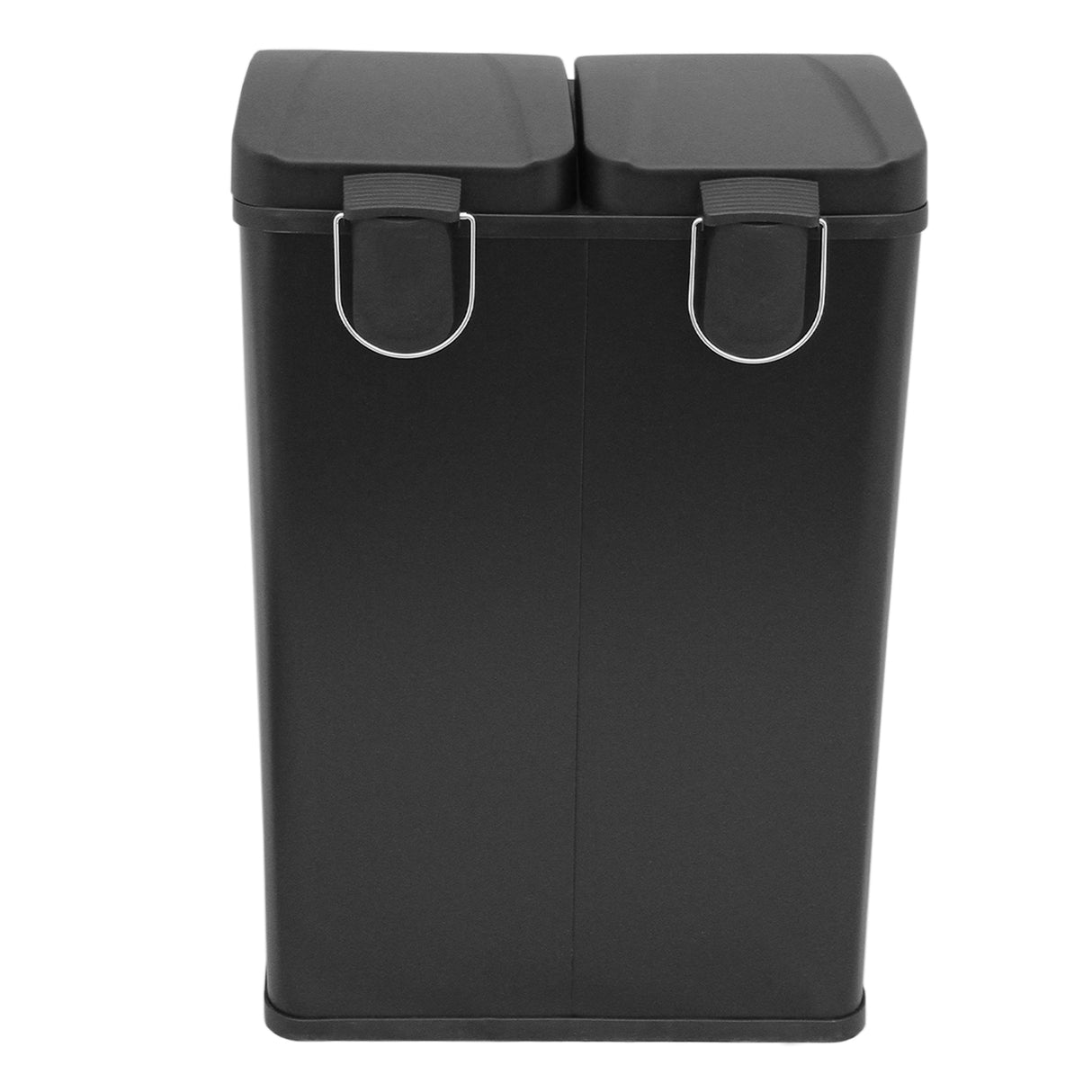 Poubelle de recyclage à double bac de 60 L, en plastique noir, avec couvercles et poignées en métal, design moderne et pratique