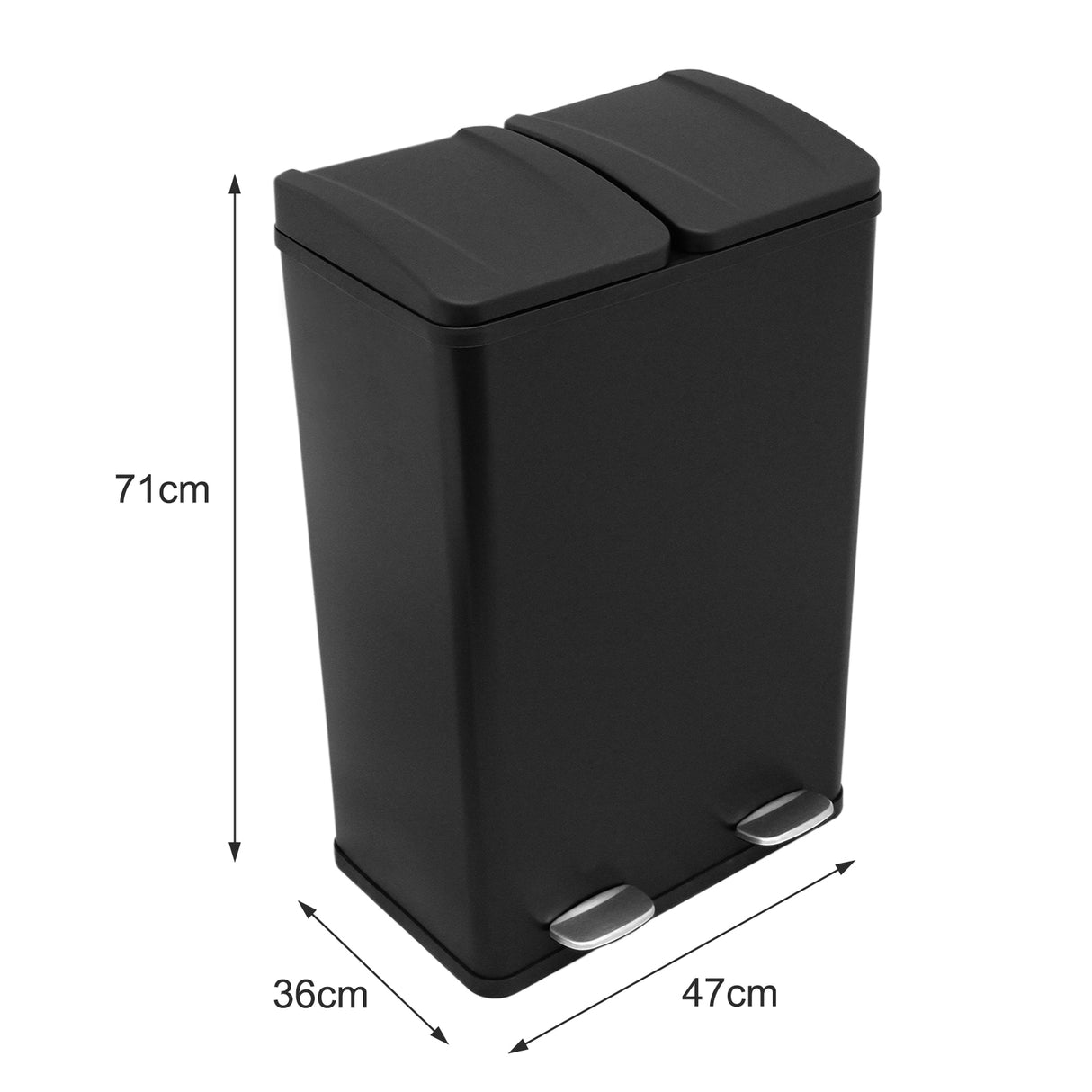 Poubelle de recyclage à double bac noir de 60 L, dimensions 71 cm de hauteur, 36 cm de largeur et 47 cm de profondeur, avec pédales en métal