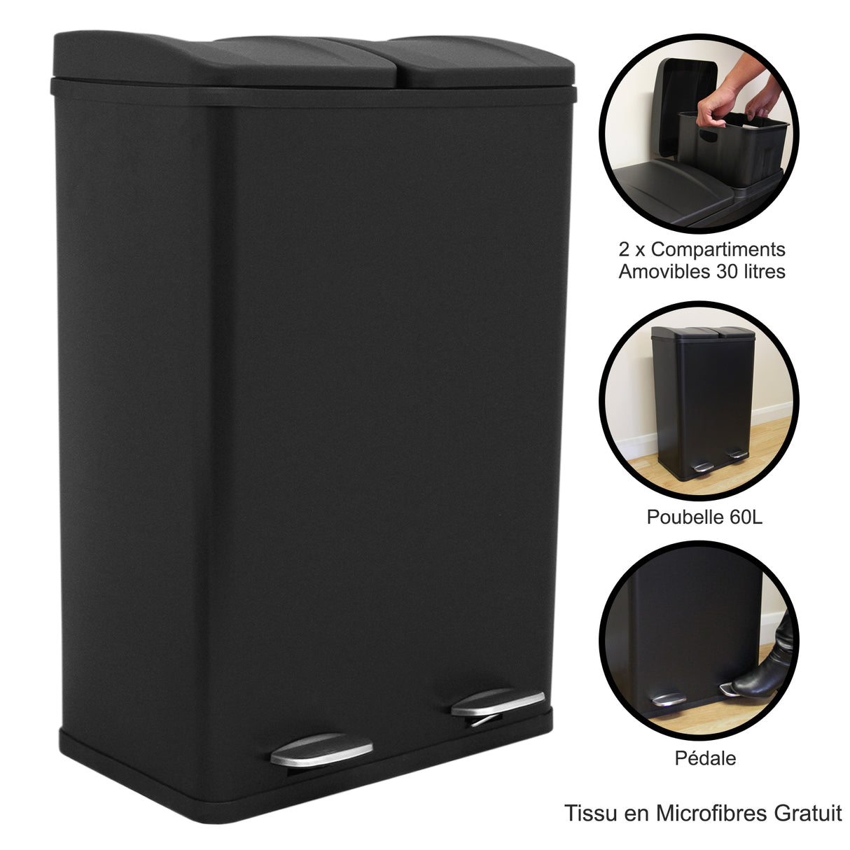 Poubelle de recyclage noire à double bac de 60 L avec pédales, compartiments amovibles de 30 L, design moderne et pratique