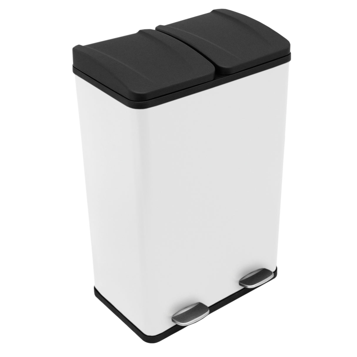 Poubelle de recyclage à double bac de 60 L, couleur blanche avec couvercles noirs, design moderne et pédales en acier inoxydable