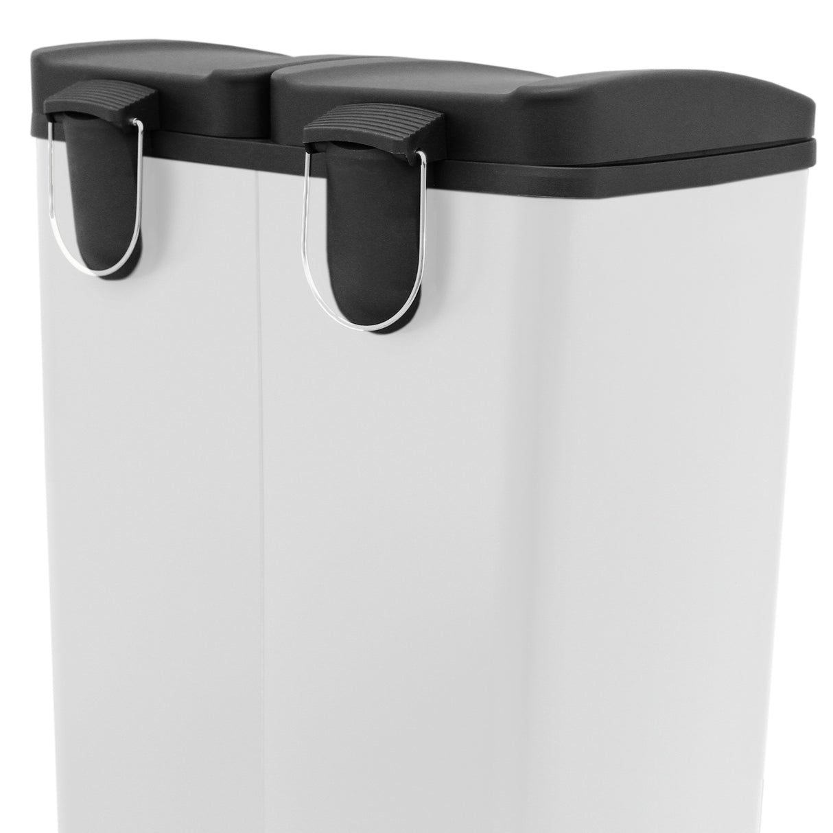 Poubelle de recyclage à double bac de 60 L, blanche avec couvercles noirs, poignées en plastique et design moderne et épuré