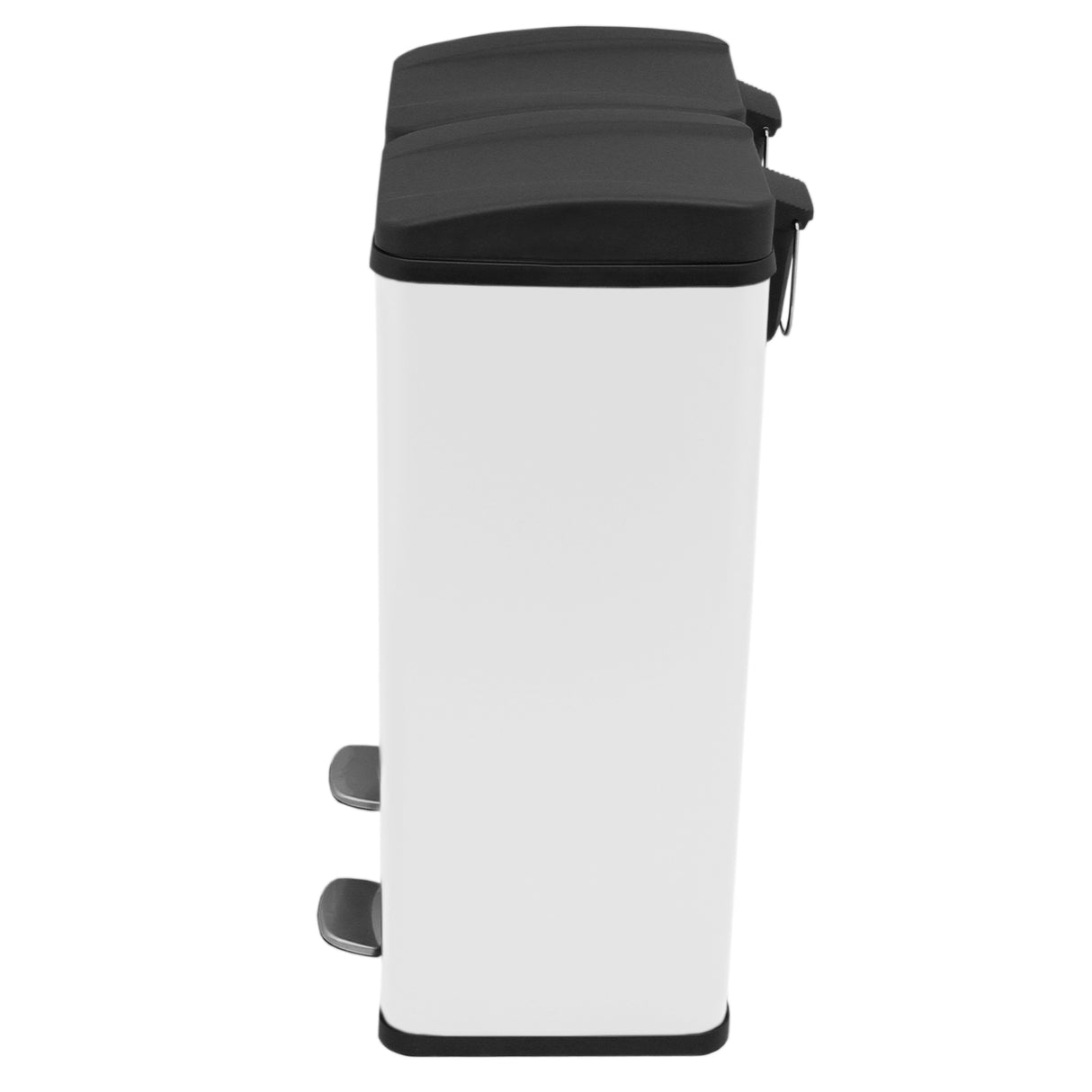 Poubelle de recyclage à double bac de 60 L, finition blanche, couvercles noirs, design moderne et pédales pour une utilisation facile