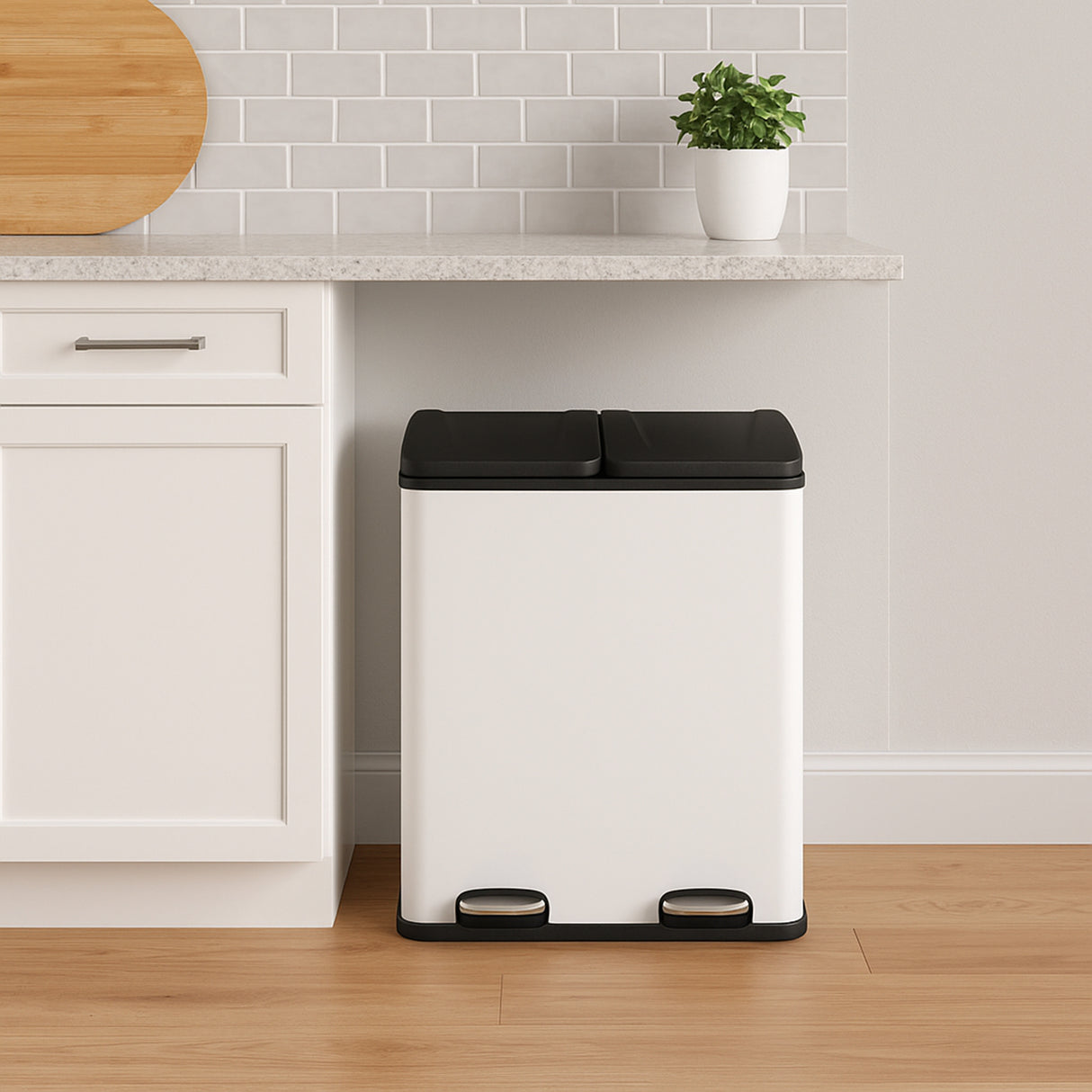 Poubelle de recyclage à double bac 60 L, blanche avec couvercles noirs, finition lisse, design moderne, idéale pour la cuisine