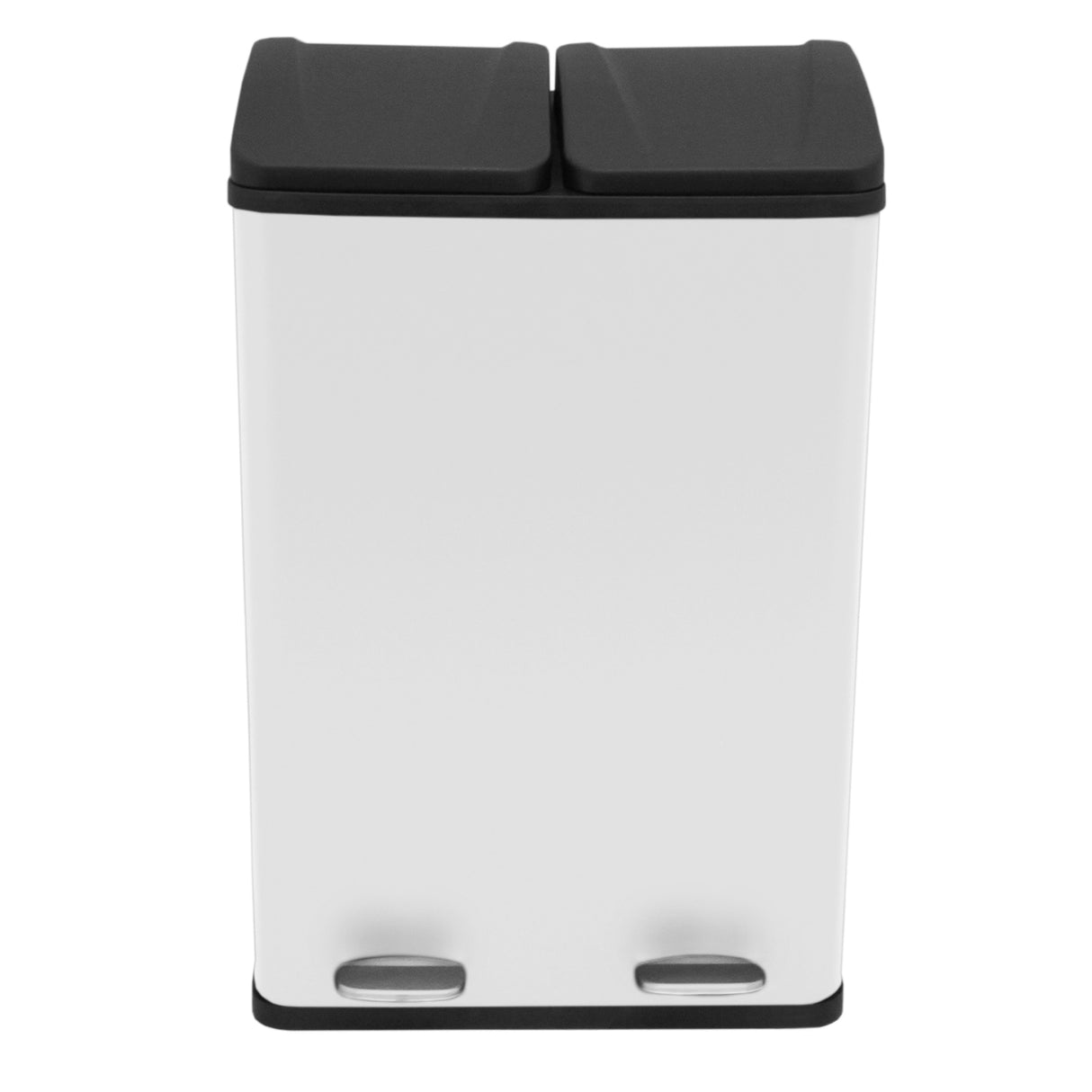 Poubelle de recyclage à double bac de 60 L, finition blanche avec couvercles noirs, design moderne et pratique pour le tri des déchets