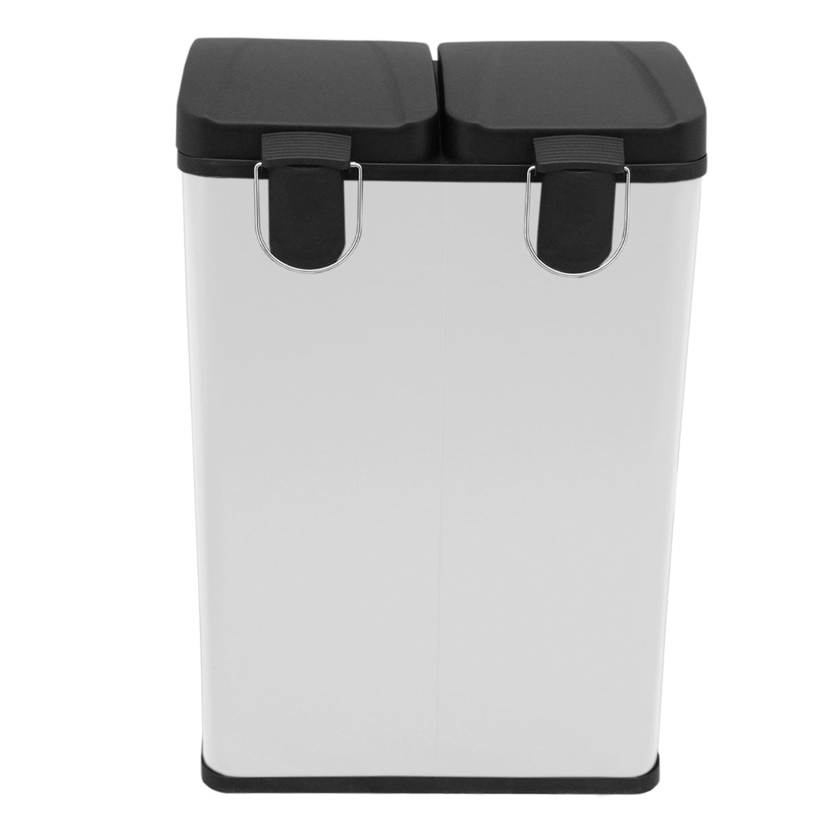 Poubelle de recyclage à double bac 60 L, blanche avec couvercles noirs, design moderne et finitions en métal lisse