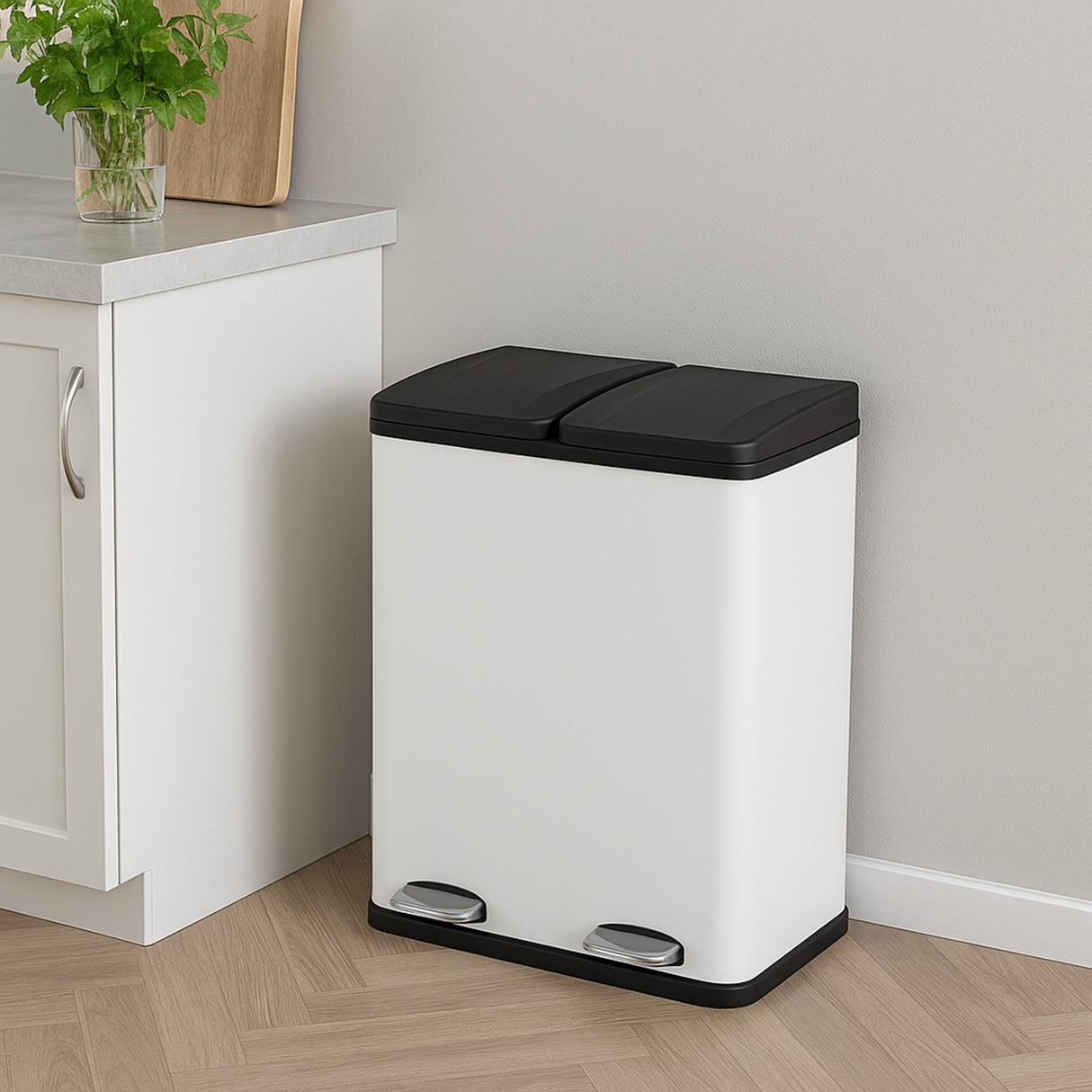 Poubelle de recyclage à double bac de 60 L, blanche avec couvercles noirs, design moderne, pieds en métal, idéale pour la cuisine