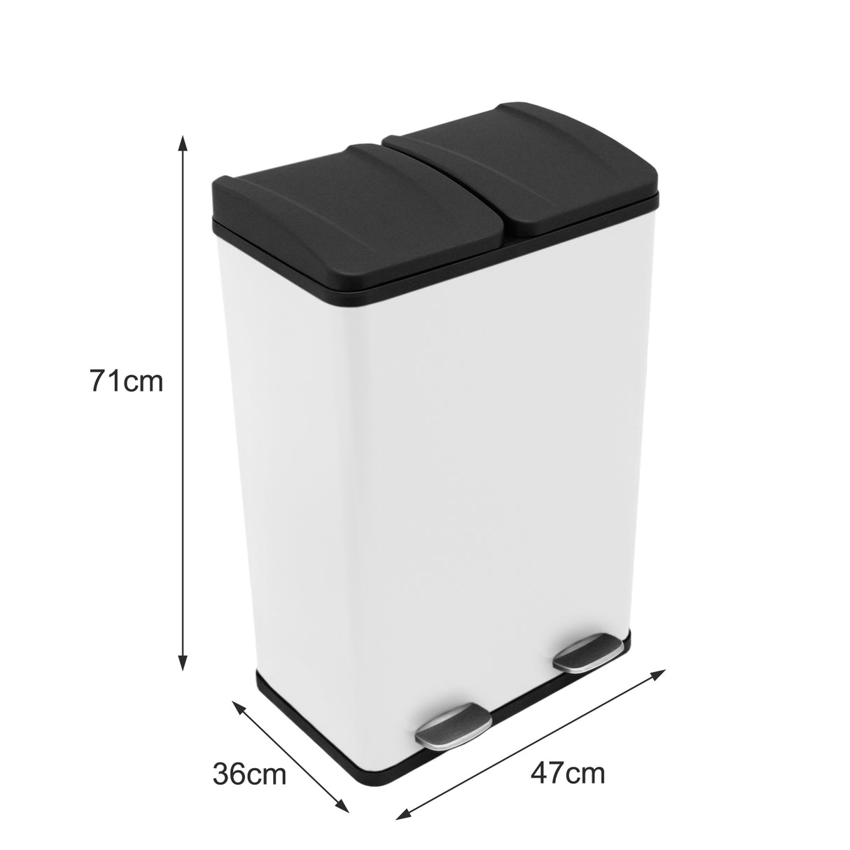 Poubelle de recyclage double bac 60 L, blanche avec couvercles noirs, dimensions 71 cm de hauteur, 36 cm de largeur, 47 cm de profondeur