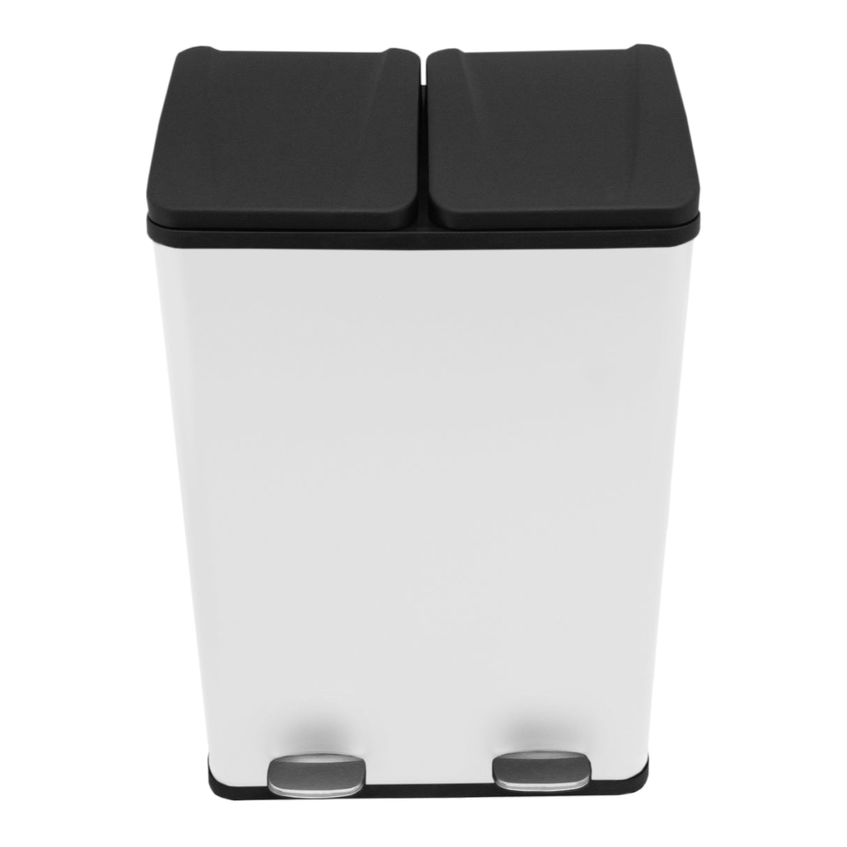 Poubelle de recyclage à double bac de 60 L, blanche avec couvercles noirs, finition lisse et pédales en acier inoxydable pour une utilisation pratique